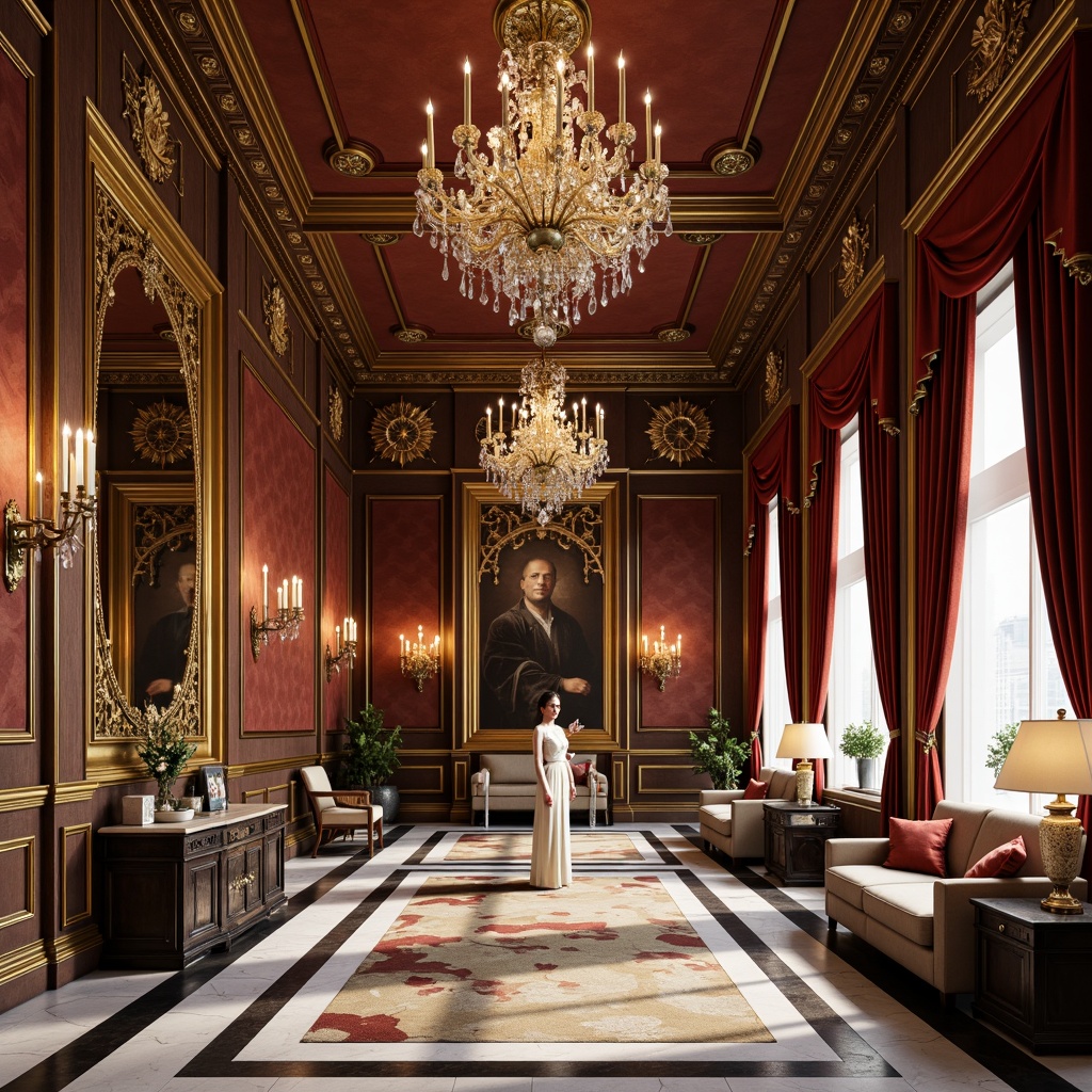 Prompt: Elegant interior space, ornate moldings, rich wood paneling, luxurious fabrics, velvet drapes, golden accents, crystal chandeliers, marble flooring, intricate carvings, ornamental mirrors, lavish furnishings, sophisticated color palette, soft warm lighting, shallow depth of field, 1/1 composition, symmetrical arrangement, realistic textures, ambient occlusion.