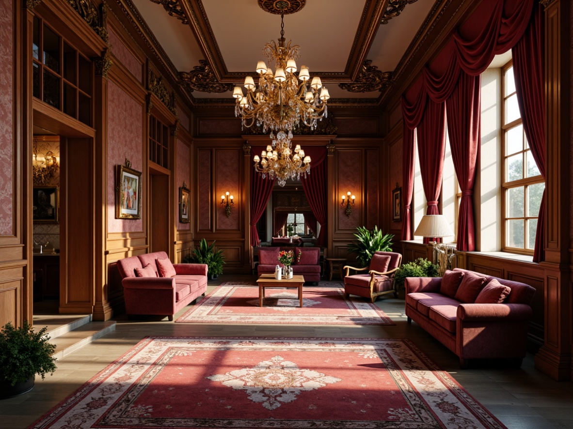 Prompt: Intricate ornate details, luxurious velvet fabrics, rich wooden paneling, grandiose chandeliers, lavish golden accents, ornamental plasterwork, decorative cornices, textured brick walls, patterned ceramic tiles, warm inviting lighting, soft diffused shadows, 1/1 composition, symmetrical framing, realistic material rendering, ambient occlusion.