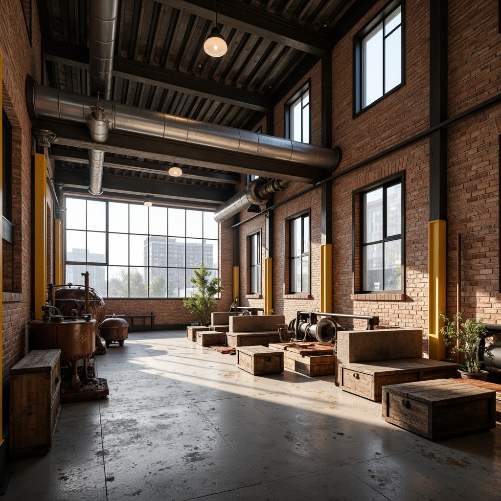 Prompt: Industrial warehouse, exposed brick walls, metal beams, light yellow accents, rusty machinery, wooden crates, distressed finishes, urban landscape views, cloudy skies, soft warm lighting, shallow depth of field, 1/2 composition, realistic textures, ambient occlusion, worn concrete floors, vintage factory equipment, reclaimed wood furniture, minimalist decor, functional storage solutions, eclectic industrial chic style.