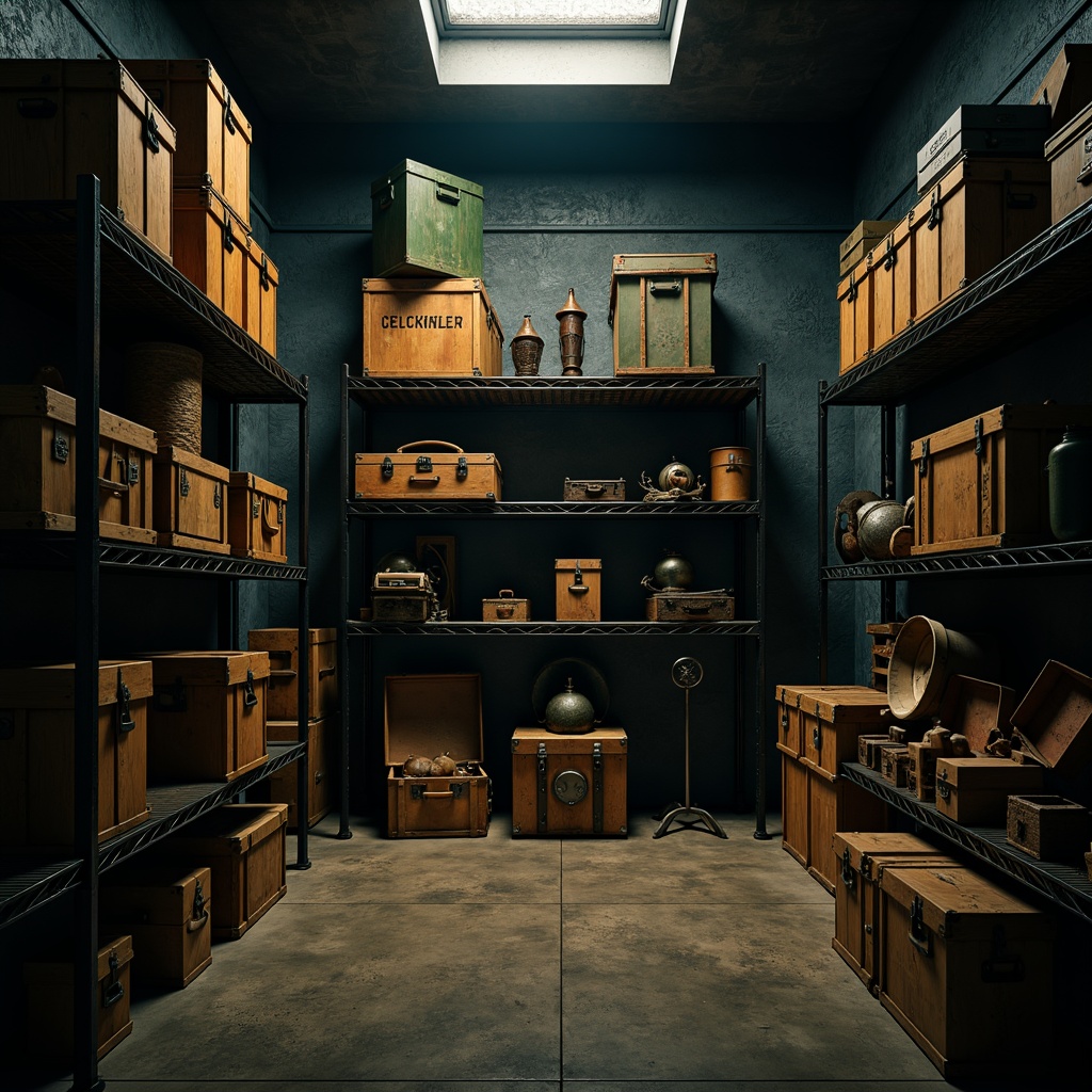 Prompt: Dark storage room, industrial metal shelves, distressed wooden crates, vintage luggage, old machinery parts, rusty metal accents, dim warm lighting, mysterious shadows, rich earthy tones, deep blues, muted greens, warm beige, industrial concrete floors, urban grunge textures, cinematic composition, high contrast ratio, dramatic spotlighting.