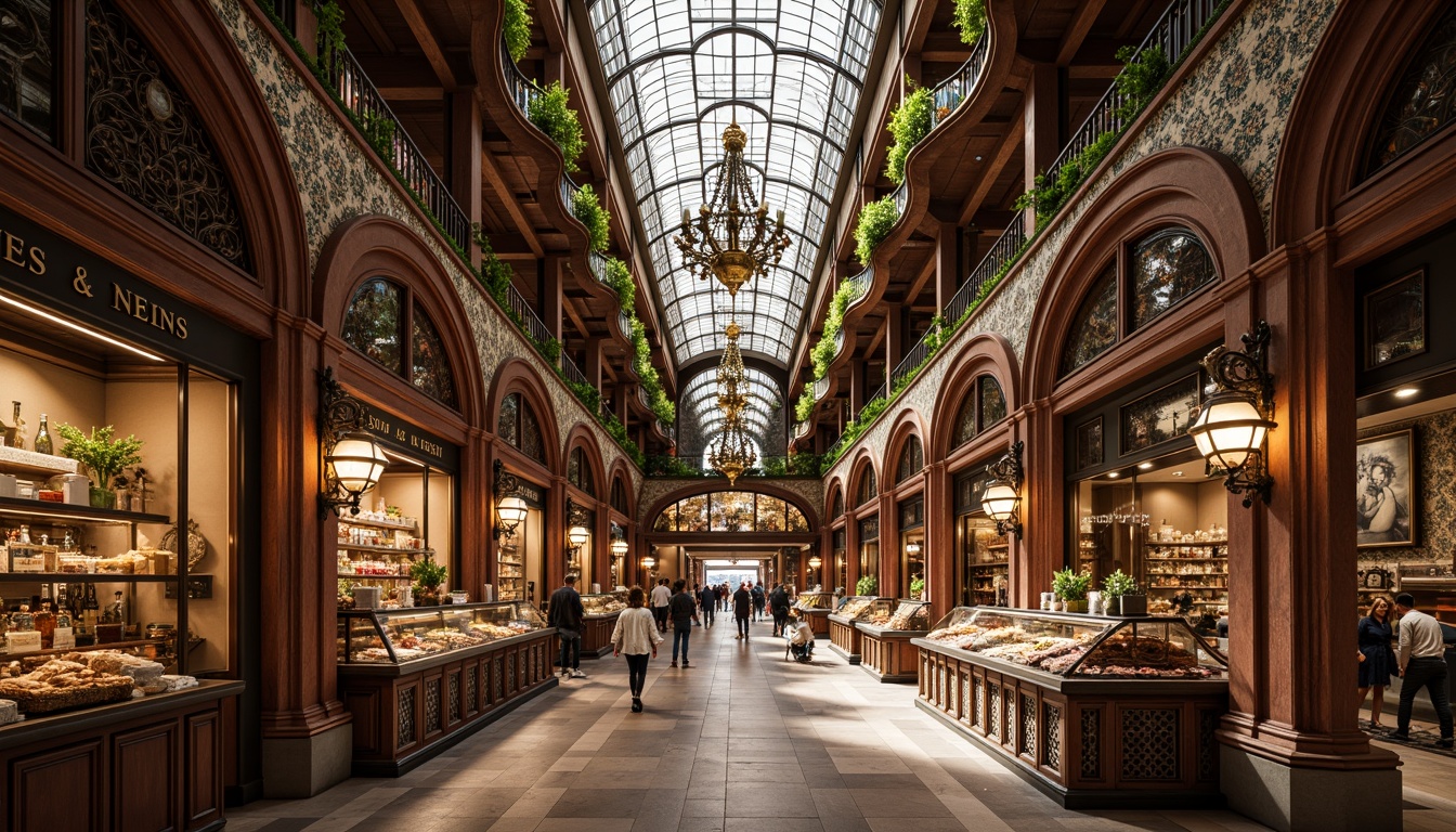 Prompt: Luxurious market interior, ornate details, sinuous lines, flowing curves, organic forms, botanical motifs, floral patterns, stained glass ceilings, intricate moldings, gilded accents, rich wood tones, velvet fabrics, plush furnishings, grand chandeliers, warm soft lighting, 1/1 composition, shallow depth of field, high-end textures, ambient occlusion.