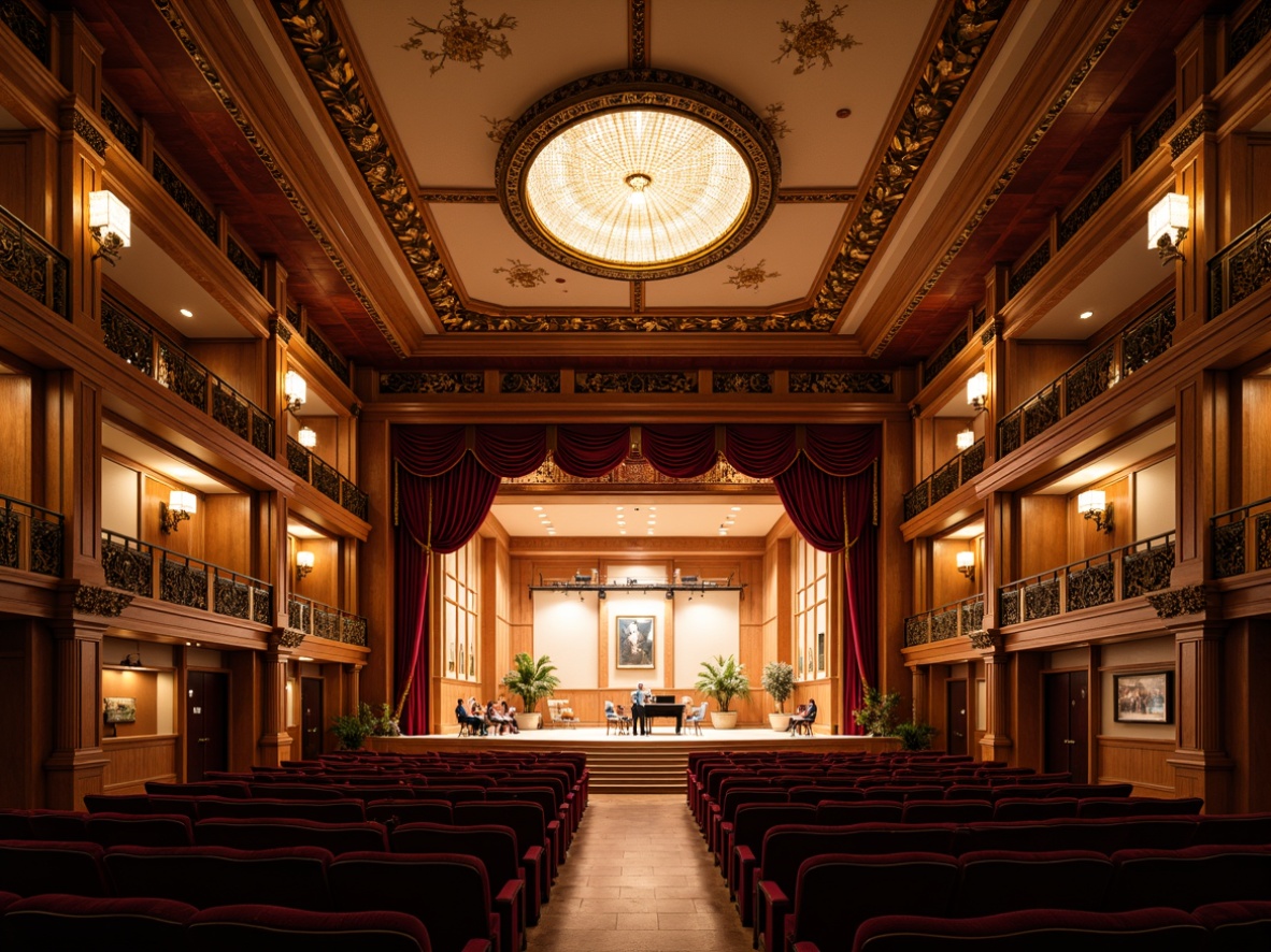 Prompt: Grand concert hall, ornate decorations, golden accents, intricate moldings, high ceilings, elegant chandeliers, refined wood paneling, velvet curtains, plush red seats, intimate stage settings, warm soft lighting, subtle shadows, 1/2 composition, dramatic spotlights, precise sound reflections, acoustic diffusers, premium audio equipment, state-of-the-art sound systems, majestic entrance halls, sweeping staircases, ornate balconies, sophisticated architectural details.