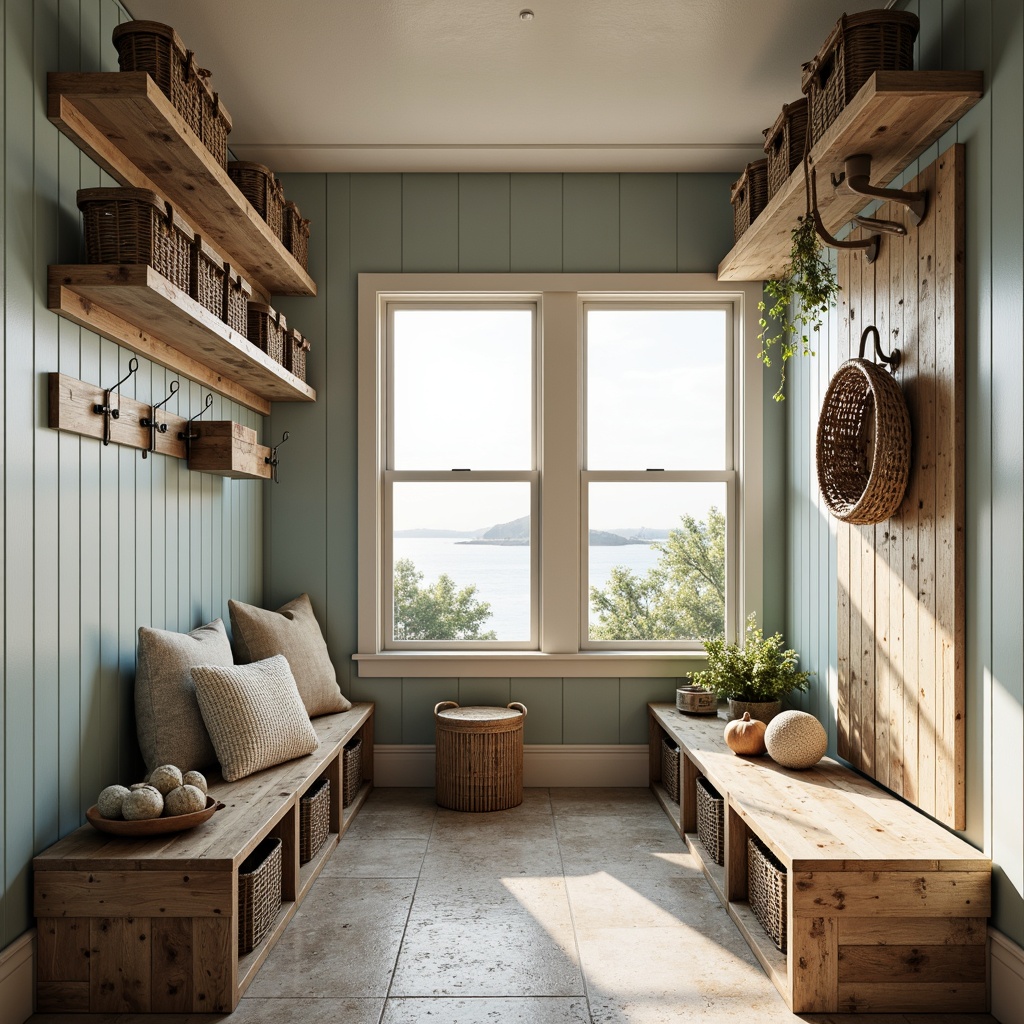 Prompt: Coastal style mudroom, weathered wood accents, natural textures, ocean-inspired color palette, driftwood furniture, woven sea grass baskets, nautical rope details, reclaimed wood shelving, rustic metal hooks, beachy vibe, soft warm lighting, shallow depth of field, 3/4 composition, panoramic view, realistic water effects, ambient occlusion, innovative storage solutions, modular cabinetry, hidden compartments, sliding panels, clever shelving units.