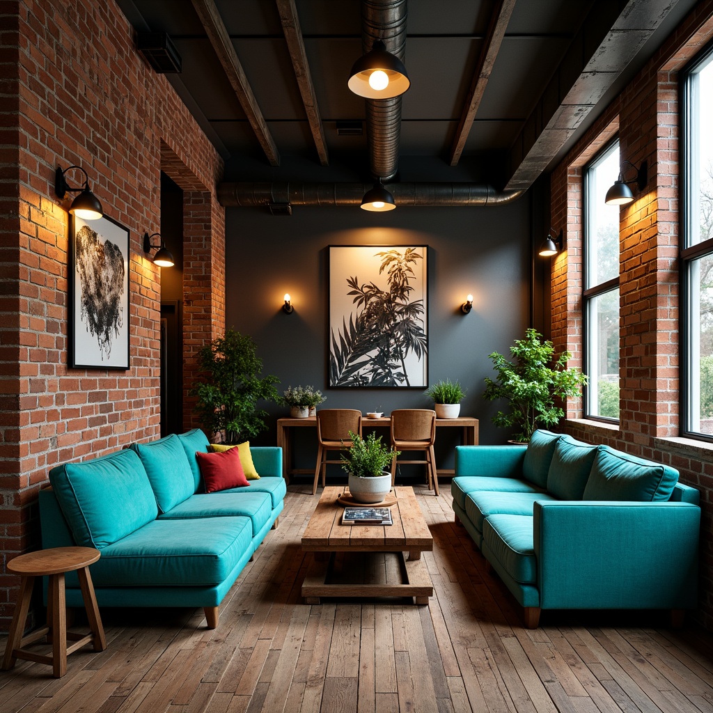 Prompt: Exposed brick walls, metal beams, reclaimed wood floors, industrial-chic lighting fixtures, bold color accents, vibrant turquoise furniture, distressed leather sofas, rich walnut wood tones, moody dark grey backgrounds, warm golden lighting, shallow depth of field, 1/1 composition, realistic textures, ambient occlusion.