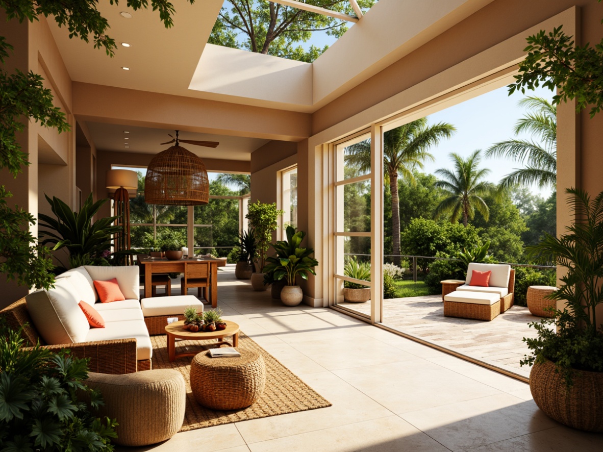 Prompt: Tropical style interior, warm natural lighting, large windows, sliding glass doors, lush greenery, vibrant flowers, wooden accents, rattan furniture, woven textiles, earthy tones, organic shapes, open plan living space, high ceilings, clerestory windows, soft diffused light, warm beige walls, creamy white trim, natural stone floors, tropical plants, palm trees, bright coral colors, sunny day, shallow depth of field, 3/4 composition, panoramic view, realistic textures, ambient occlusion.