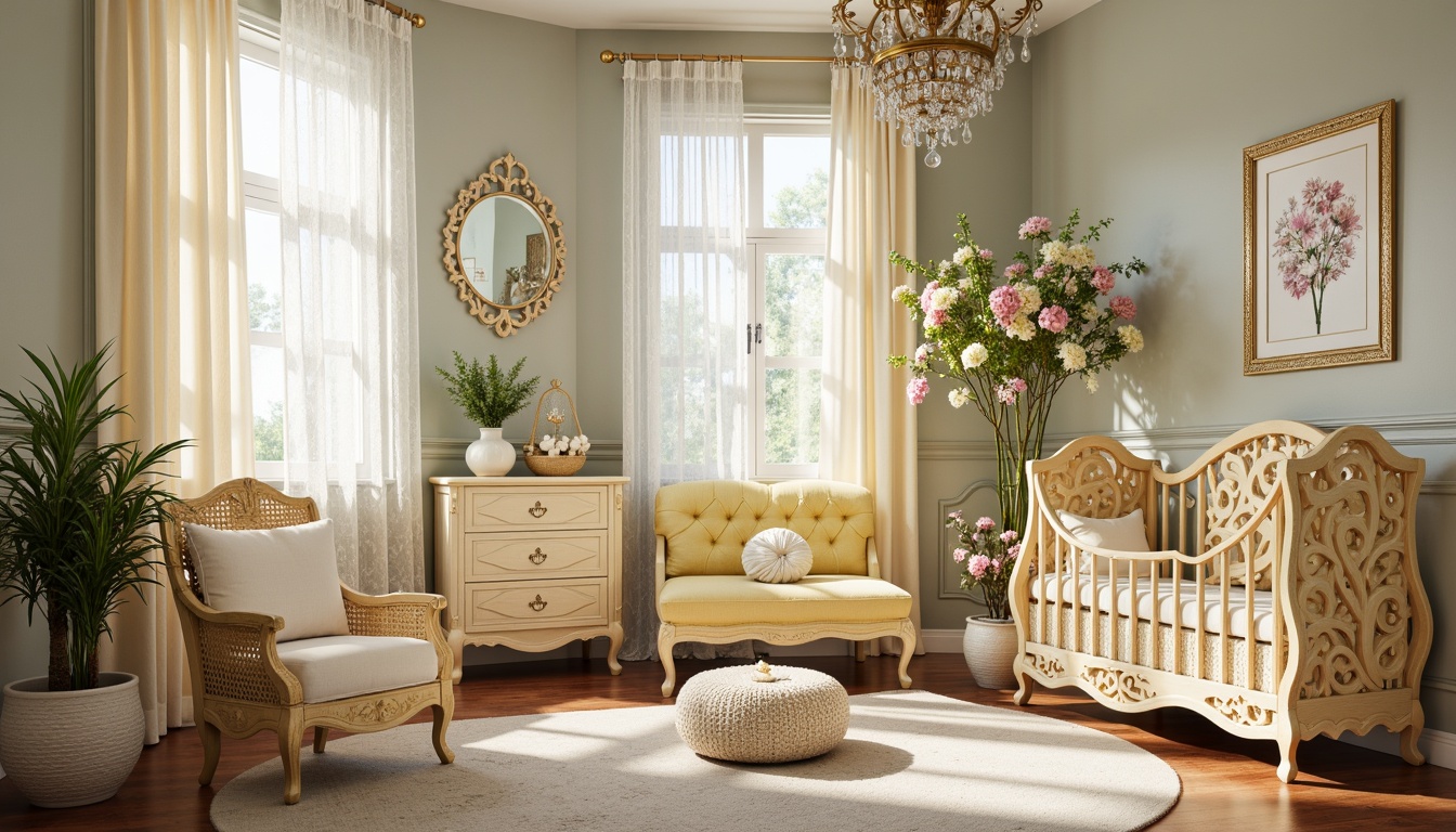 Prompt: Whimsical nursery, ornate wooden crib, intricately carved furniture, flowing organic lines, sinuous botanical patterns, soft pastel colors, creamy whites, gentle yellows, pale blues, lace curtains, delicate florals, beaded chandeliers, ornamental mirrors, velvet upholstery, luxurious textiles, subtle sheen, warm soft lighting, shallow depth of field, 1/1 composition, romantic atmosphere, dreamy ambiance.