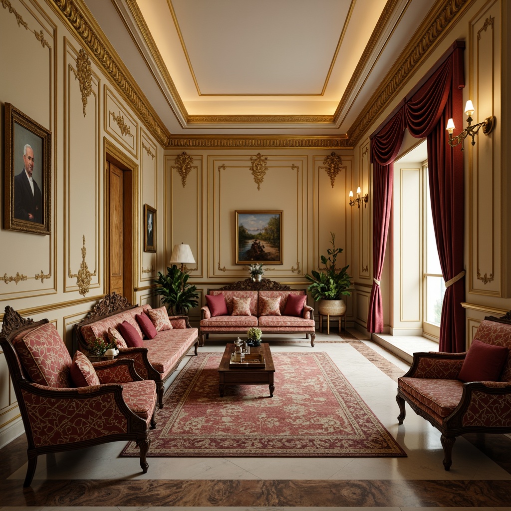 Prompt: Neoclassicism family room, ornate furnishings, luxurious fabrics, rich wood tones, golden accents, cream-colored walls, soft warm lighting, intricate moldings, carved wooden panels, velvet drapes, antique furniture pieces, lavish chandeliers, elegant marble floors, stately columns, refined atmosphere, shallow depth of field, 3/4 composition, realistic textures, ambient occlusion.