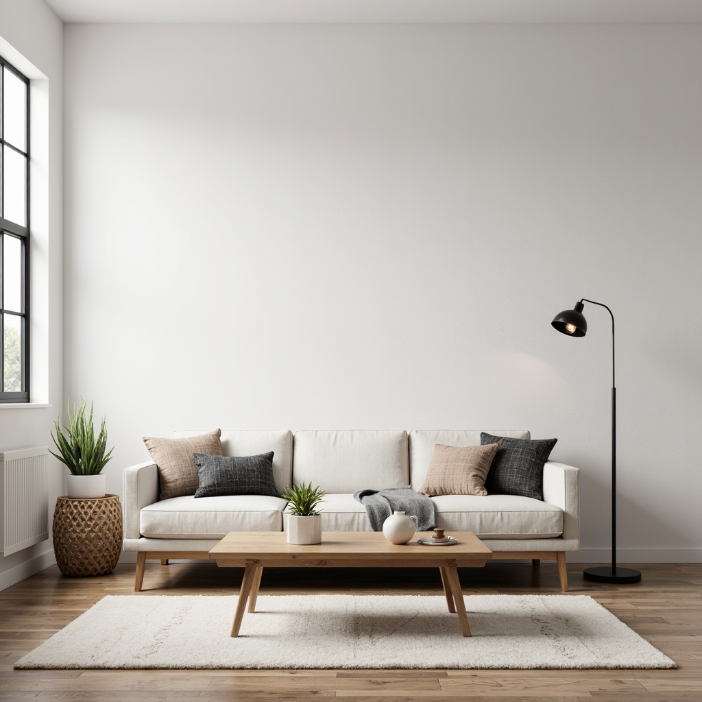 Prompt: Simple living room, minimal ornamentation, low-profile sofa, sleek coffee table, elegant floor lamp, neutral color palette, natural wood accents, subtle textures, industrial-chic metal legs, Scandinavian-inspired design, ample negative space, softbox lighting, shallow depth of field, 1/1 composition, realistic renderings, ambient occlusion.