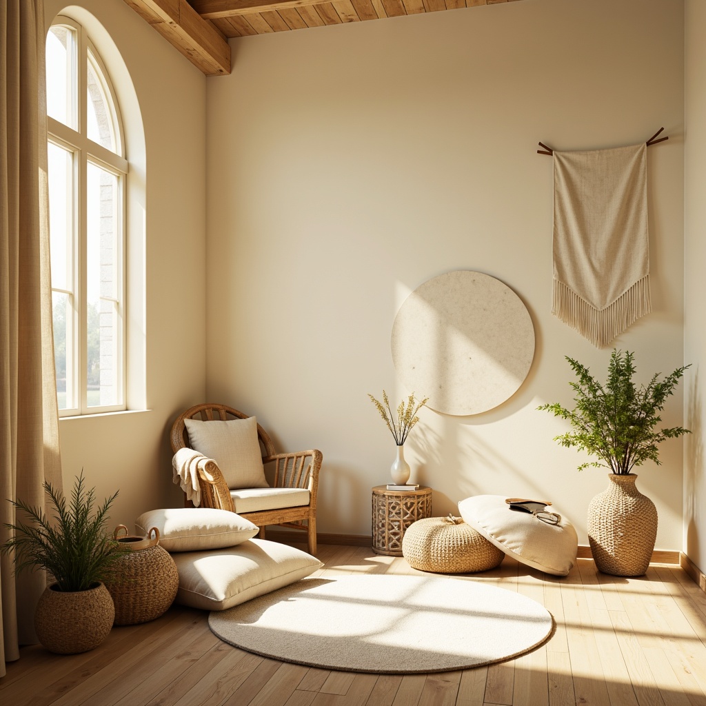 Prompt: Soft sunny day, warm gentle light, creamy light yellow tones, pastel hues, beige walls, wooden accents, natural textiles, woven baskets, potted plants, delicate florals, minimalist decor, cozy reading nook, plush cushions, soft focus, shallow depth of field, 1/1 composition, warm white lighting, ambient occlusion.