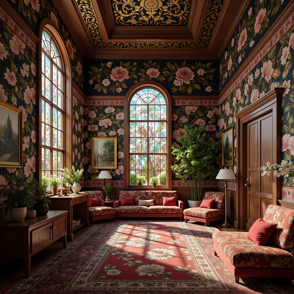 Prompt: Intricate floral patterns, organic shapes, sinuous lines, luxurious velvet fabrics, ornate embroidery, beaded lace, iridescent silk, jewel-toned colors, rich tapestries, opulent drapery, antique furniture, curved wooden accents, stained glass windows, mosaic tiles, gilded frames, soft warm lighting, shallow depth of field, 1/1 composition, realistic textures, ambient occlusion.