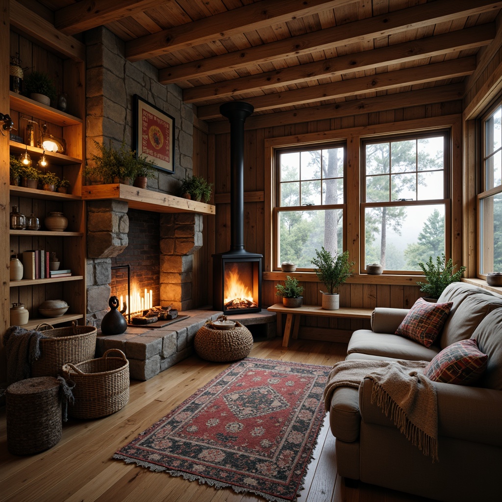 Prompt: Cozy cabin, wooden accents, vintage furniture, distressed finishes, earthy tones, woven baskets, natural fabrics, plaid patterns, warm lighting, rustic decor, stone fireplace, candlelit ambiance, soft blankets, plush throw pillows, nature-inspired color palette, organic textures, earthy aromas, secluded woodland setting, misty morning light, shallow depth of field, 1/1 composition, realistic rendering.