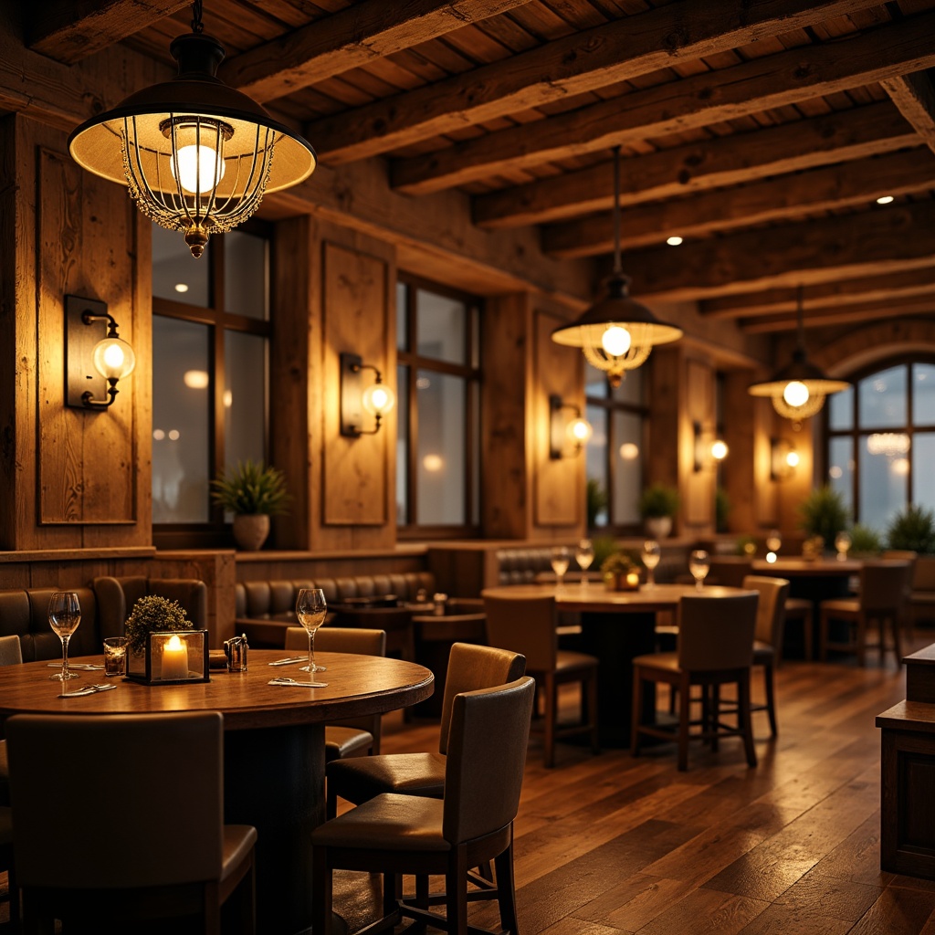 Prompt: Rustic casino interior, warm ambient lighting, dimmable pendant lamps, wooden beam ceilings, vintage metal chandeliers, Edison bulb fixtures, distressed wood accents, rich leather textures, ornate metalwork details, soft warm glow, cozy atmosphere, shallow depth of field, 1/2 composition, natural materials, earthy color palette, warm beige tones, golden hour lighting, realistic reflections.