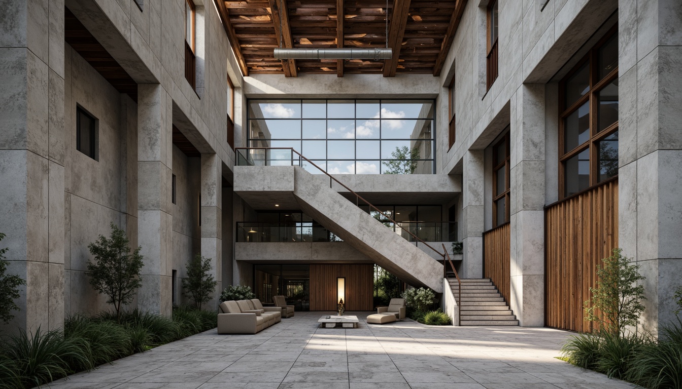 Prompt: Rough-hewn concrete walls, exposed ductwork, raw steel beams, industrial-style lighting fixtures, rugged stone floors, textured brick facades, monumental staircase, brutalist monumentality, dramatic cantilevered roofs, bold geometric forms, minimalist ornamentation, functional simplicity, cold harsh lighting, high contrast shadows, 1-point perspective, symmetrical composition, realistic textures, ambient occlusion.