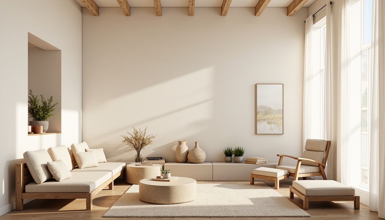 Prompt: Monochromatic interior, soft cream walls, warm beige furniture, subtle wood accents, minimalist decor, neutral color scheme, natural textiles, calming atmosphere, abundant natural light, sheer curtains, simple shapes, clean lines, organic forms, earthy tones, matte finishes, warm white lighting, shallow depth of field, 1/1 composition, realistic textures, ambient occlusion.