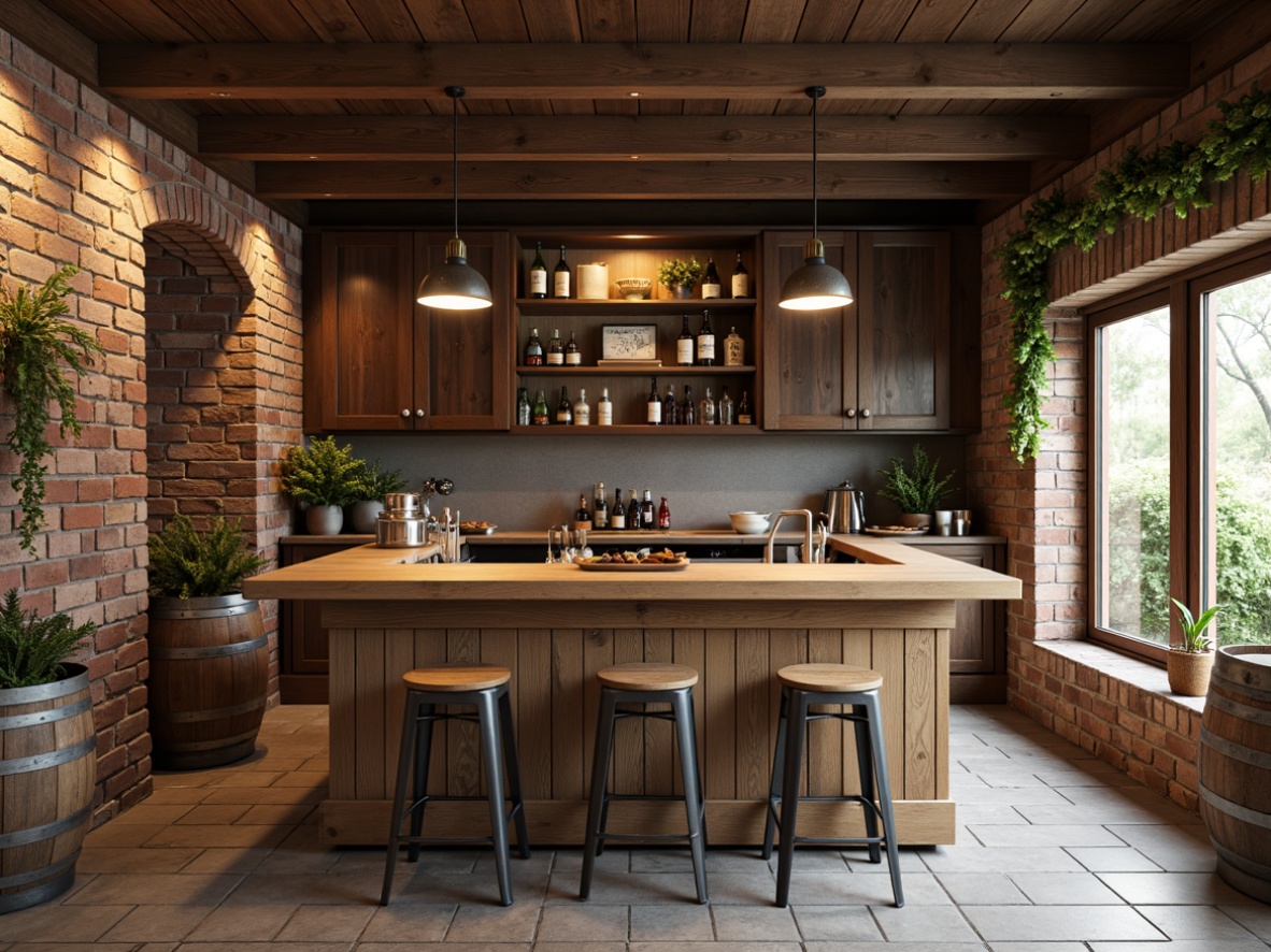 Prompt: Rustic farmhouse home bar, wooden plank countertops, metal stools, vintage pendant lamps, exposed brick walls, natural stone flooring, earthy tone color scheme, wooden crates, wine barrels, hanging lanterns, greenery garland, modern minimalist decor, industrial-chic accents, warm cozy lighting, shallow depth of field, 1/1 composition, realistic textures, ambient occlusion.