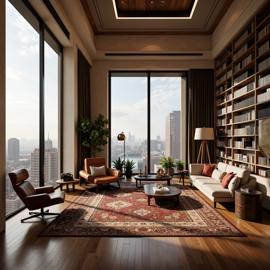 Prompt: Luxurious penthouse, academic style, rich wood tones, leather-bound tomes, sleek metal accents, plush area rugs, comfortable sofas, ergonomic study chairs, elegant coffee tables, sophisticated floor lamps, vintage typewriters, antique globes, minimalist bookshelves, cream-colored walls, large windows, breathtaking city views, soft warm lighting, 1/2 composition, realistic textures, ambient occlusion.