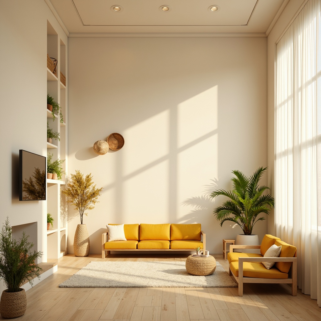 Prompt: Soft creamy walls, warm beige flooring, light yellow accents, gentle golden lighting, minimalist decor, Scandinavian-inspired furniture, clean lines, minimal ornamentation, natural textures, woven baskets, potted plants, subtle citrus hues, airy atmosphere, relaxed ambiance, calming mood, soft focus, 1/1 composition, gentle bokeh, filmic grain.