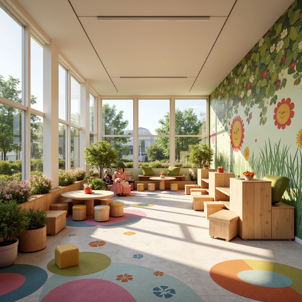 Prompt: Vibrant kindergarten, playful atmosphere, soft pastel colors, gentle wooden accents, whimsical murals, rounded furniture, colorful carpet tiles, natural light, large windows, transparent glass doors, blooming flowers, greenery walls, educational signage, kid-friendly textures, shallow depth of field, 1/1 composition, warm softbox lighting.