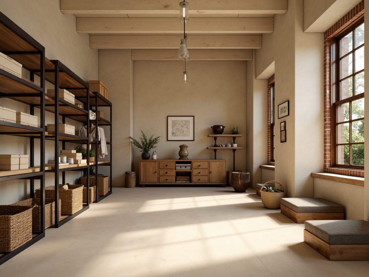 Prompt: Cozy storage room, warm beige walls, soft cream flooring, minimal ornamentation, functional shelving units, sleek metal frames, rustic wooden crates, woven baskets, industrial-style lighting fixtures, exposed brick accents, modern minimalist decor, ample natural light, calm atmosphere, subtle texture contrasts, 1/2 composition, warm color palette, shallow depth of field.