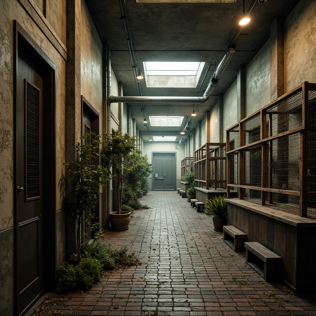 Prompt: Rustic metal enclosures, distressed concrete walls, industrial-style animal habitats, exposed pipes and ductwork, reclaimed wood accents, metal grated flooring, functional machinery elements, vintage factory-inspired lighting, worn brick textures, urban jungle atmosphere, misty morning ambiance, shallow depth of field, 2/3 composition, cinematic lighting, high-contrast color palette.