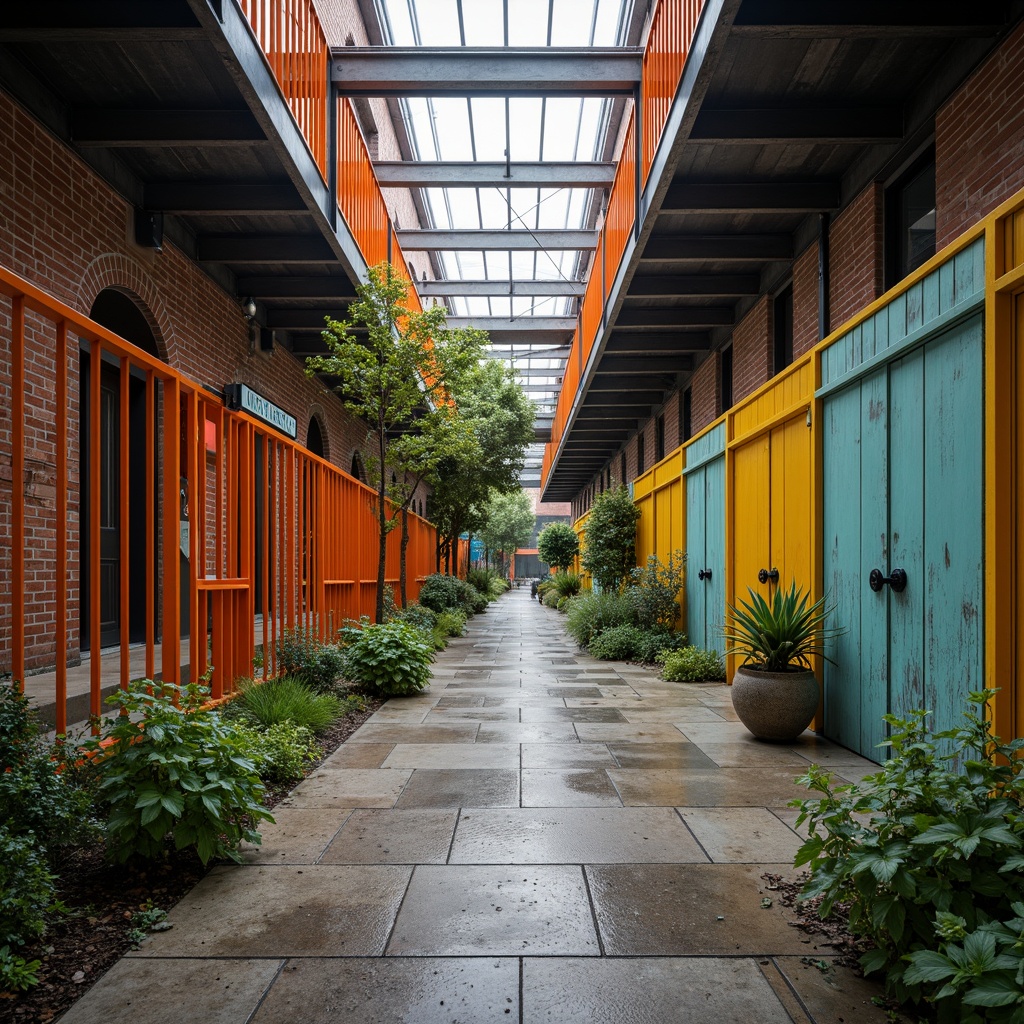 Prompt: Rustic industrial zoo, exposed brick walls, metal beams, reclaimed wood accents, distressed concrete floors, vibrant color accents, bold yellow gates, bright orange railings, pop of turquoise signage, neutral gray tones, natural stone pathways, lush greenery, misty atmospheric lighting, shallow depth of field, 3/4 composition, panoramic view, realistic textures, ambient occlusion.