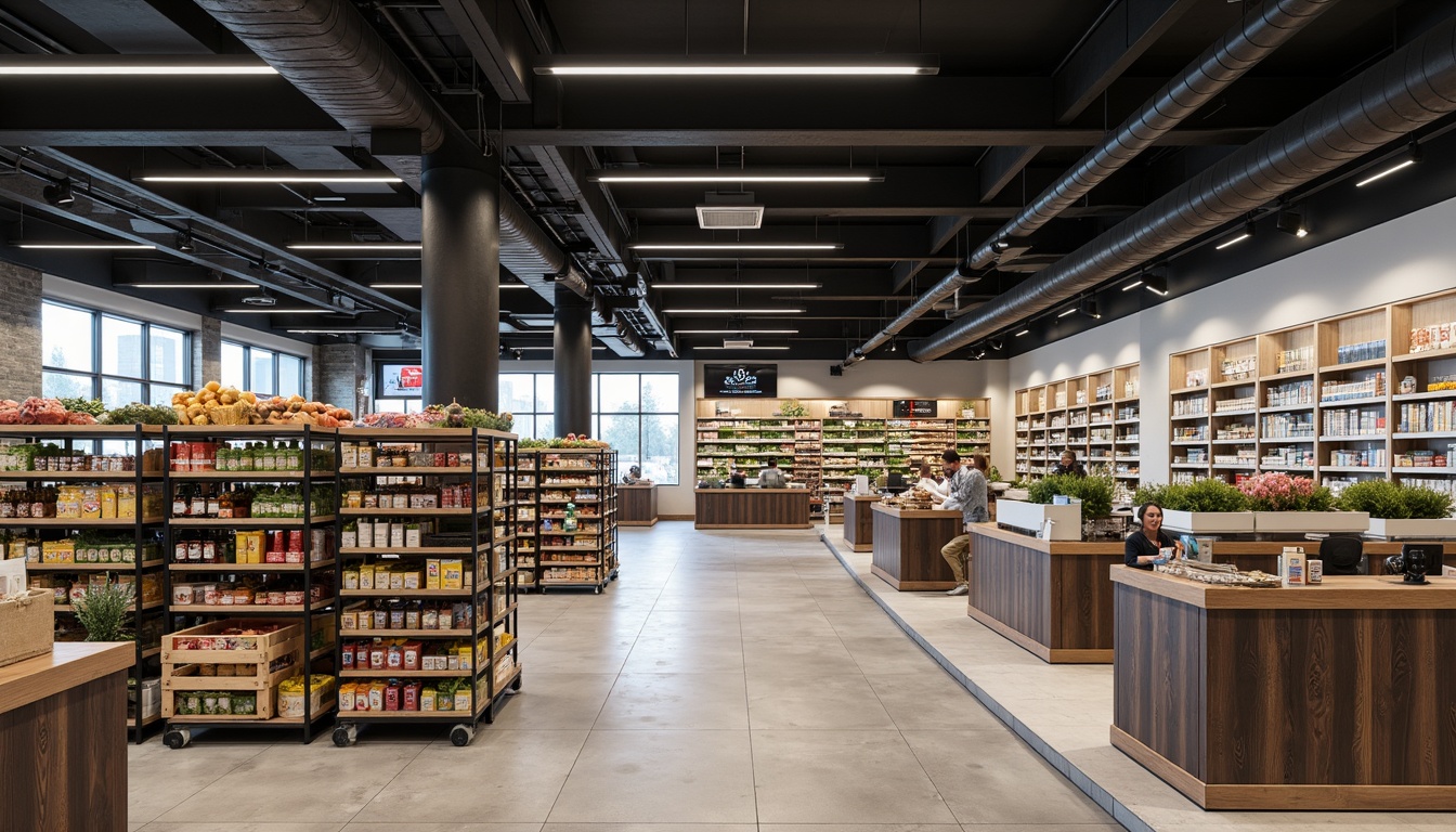 Prompt: Modern grocery store interior, sleek shelving units, minimalist metal racks, wooden crate displays, polished concrete floors, industrial-style lighting fixtures, neutral color palette, streamlined checkout counters, futuristic digital signage, urban-chic ambiance, bustling shopping atmosphere, shallow depth of field, 1/1 composition, realistic textures, ambient occlusion.