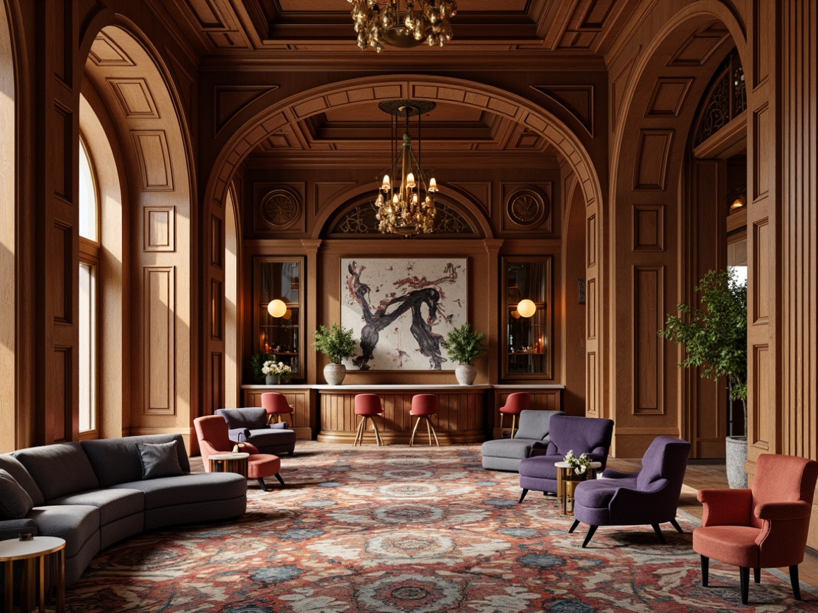 Prompt: Luxurious bank interior, postmodernist style, rich wood tones, ornate carvings, curved lines, eclectic furniture pieces, bold color accents, patterned rugs, abstract artwork, sculptural lighting fixtures, bronze metalwork, intricate moldings, velvet upholstery, tufted sofas, wingback chairs, marble countertops, dramatic archways, high ceilings, warm atmospheric lighting, shallow depth of field, 1/1 composition, realistic textures, ambient occlusion.