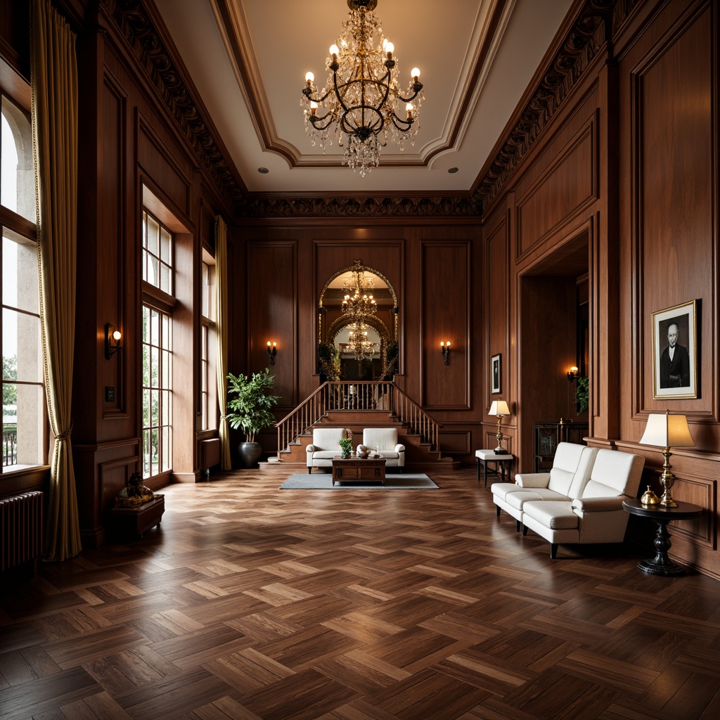 Prompt: Elegant mansion, sophisticated interior design, luxurious atmosphere, rich wood flooring, classic herringbone pattern, dark walnut tone, high-gloss finish, ornate moldings, grand staircase, crystal chandeliers, lavish furnishings, velvet drapes, subtle lighting, 1/2 composition, shallow depth of field, soft warm glow, realistic textures, ambient occlusion.