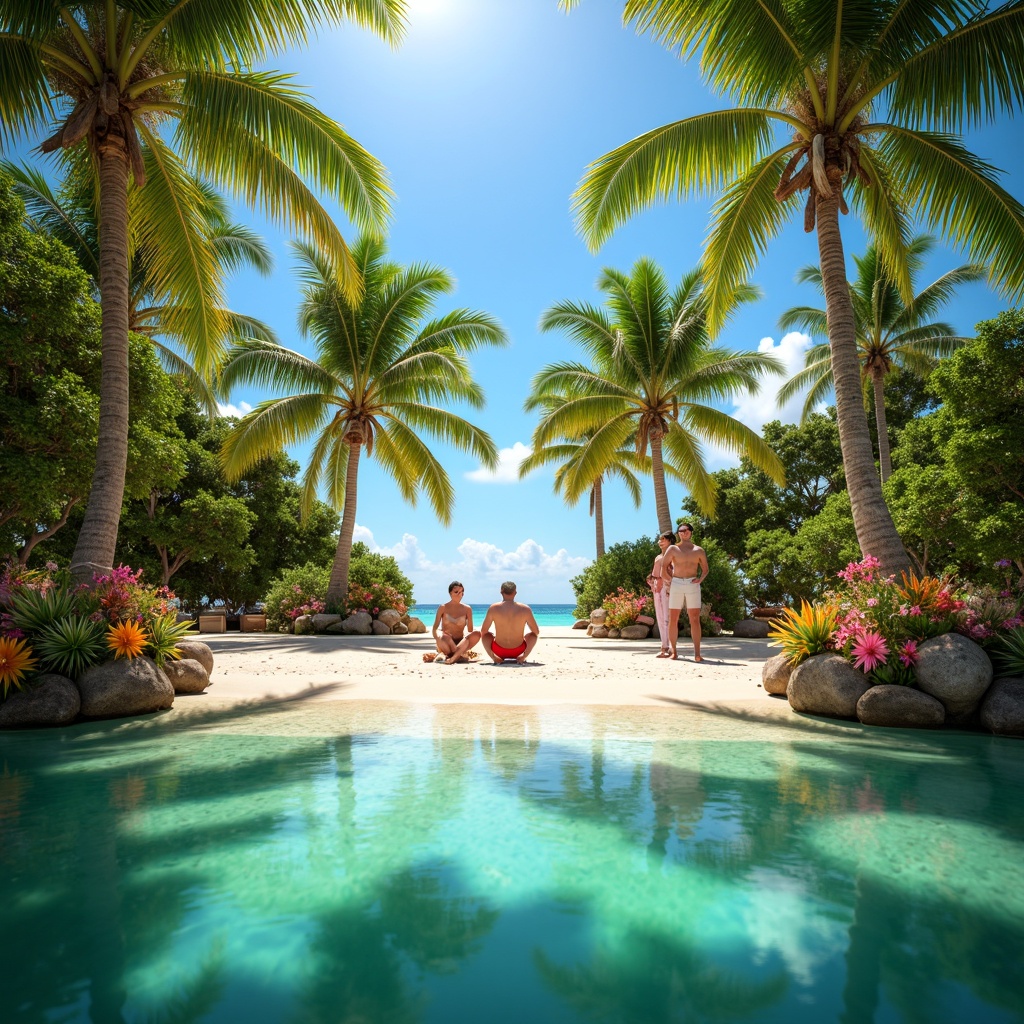 Prompt: Vibrant tropical island, crystal-clear turquoise waters, lush green palm trees, exotic floral arrangements, bright coral reefs, warm sandy beaches, colorful tiki torches, refreshing coconut drinks, sun-kissed skin tones, radiant golden light, shallow depth of field, 1/2 composition, soft focus effect, natural textures, ambient occlusion.