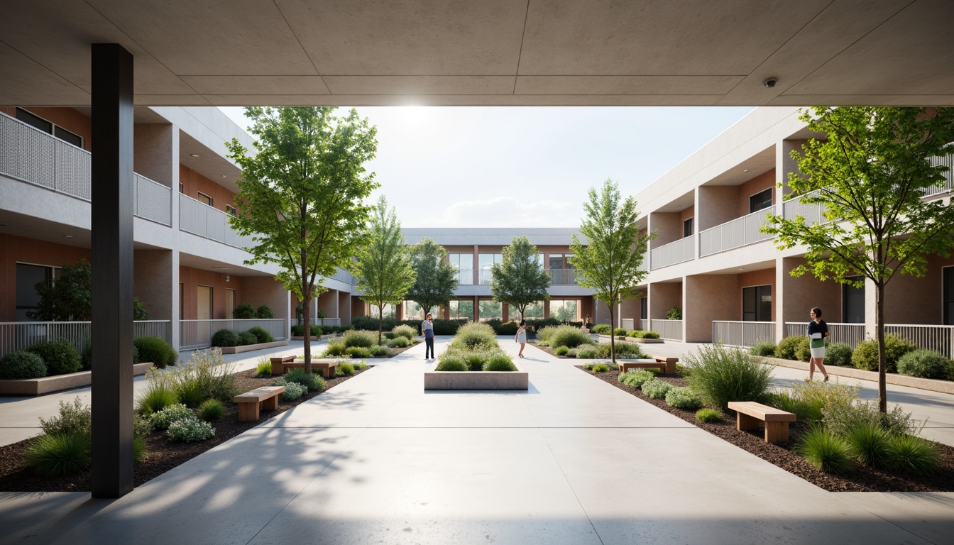 Prompt: Minimalist high school courtyard, open air corridors, natural light pouring, polished concrete floors, sleek metal railings, simple wooden benches, modern educational facilities, subtle color palette, abundant greenery, scattered trees, soft afternoon sunlight, shallow depth of field, 3/4 composition, realistic textures, ambient occlusion.