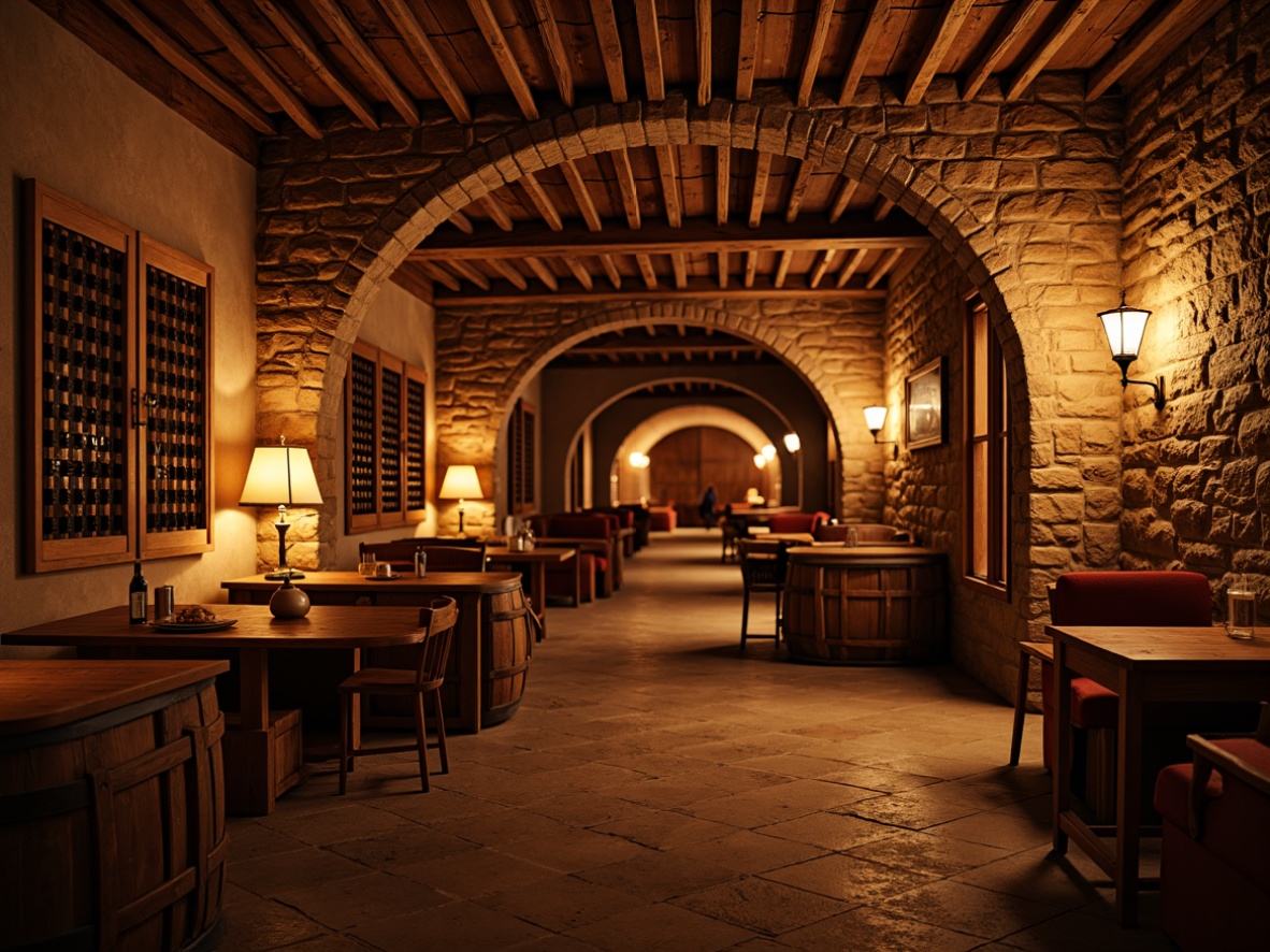 Prompt: Warm wine cellar ambiance, rich wood accents, stone walls, dimmable warm lighting, soft candlelight, table lamps, floor lamps, cozy seating areas, rustic wooden barrels, wine bottle displays, earthy color palette, intimate atmosphere, low ceiling, arched doorways, ambient shadows, subtle warm glow, 1/1 composition, shallow depth of field, realistic textures, soft focus effect.