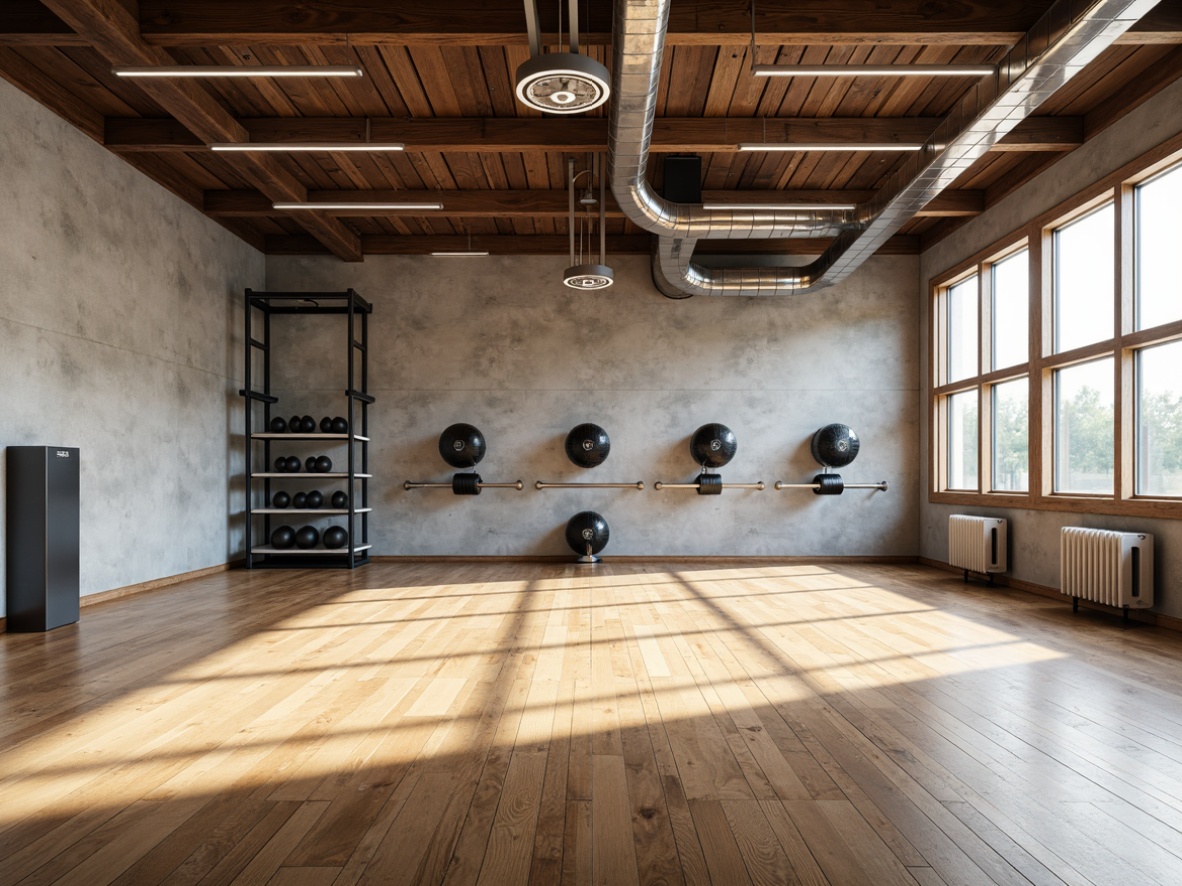 Prompt: Sparse athletic equipment, polished wooden floors, high ceilings, large windows, natural light pouring in, minimal ornamentation, clean lines, simplicity emphasis, industrial chic tones, exposed ductwork, concrete walls, steel beams, functional layout, open spaces, airy atmosphere, soft shadows, subtle textures, 1/1 composition, realistic render, ambient occlusion.