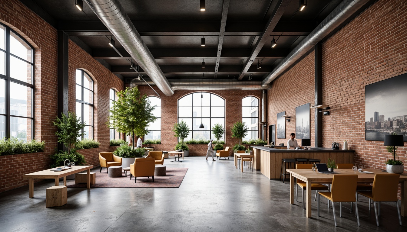 Prompt: Exposed brick walls, metal beams, polished concrete floors, industrial-style lighting fixtures, minimalist decor, urban loft atmosphere, natural ventilation systems, reclaimed wood accents, modern sleek lines, functional layouts, communal seating areas, collaborative workspaces, greenery installations, floor-to-ceiling windows, abundant natural light, soft warm glow, shallow depth of field, 3/4 composition, realistic textures, ambient occlusion.