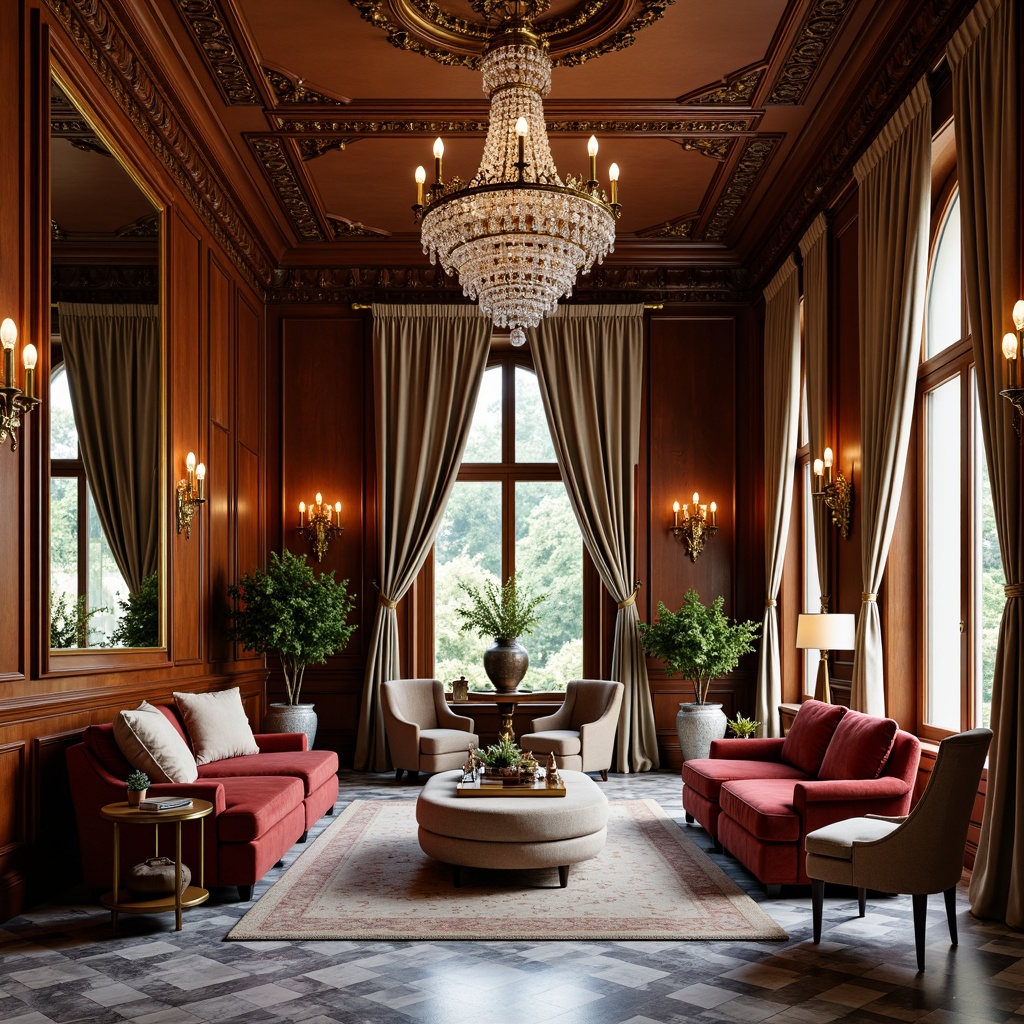 Prompt: Elegant mansion, ornate furnishings, rich wood tones, velvet upholstery, carved wooden accents, crystal chandeliers, marble floors, intricate moldings, sophisticated color palette, luxurious fabrics, tufted sofas, wingback chairs, ornamental mirrors, lavish drapery, golden hardware, symmetrical compositions, softbox lighting, subtle shading, realistic textures.