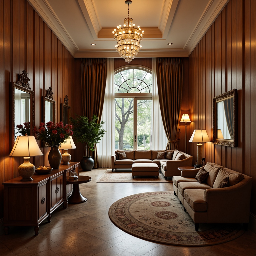 Prompt: Elegant hallway, luxurious vernacular interiors, wooden accents, ornate mirrors, refined chandeliers, plush area rugs, sophisticated sectional sofas, velvet armchairs, wooden console tables, decorative vases, fresh flower arrangements, soft warm lighting, shallow depth of field, 3/4 composition, realistic textures, ambient occlusion.