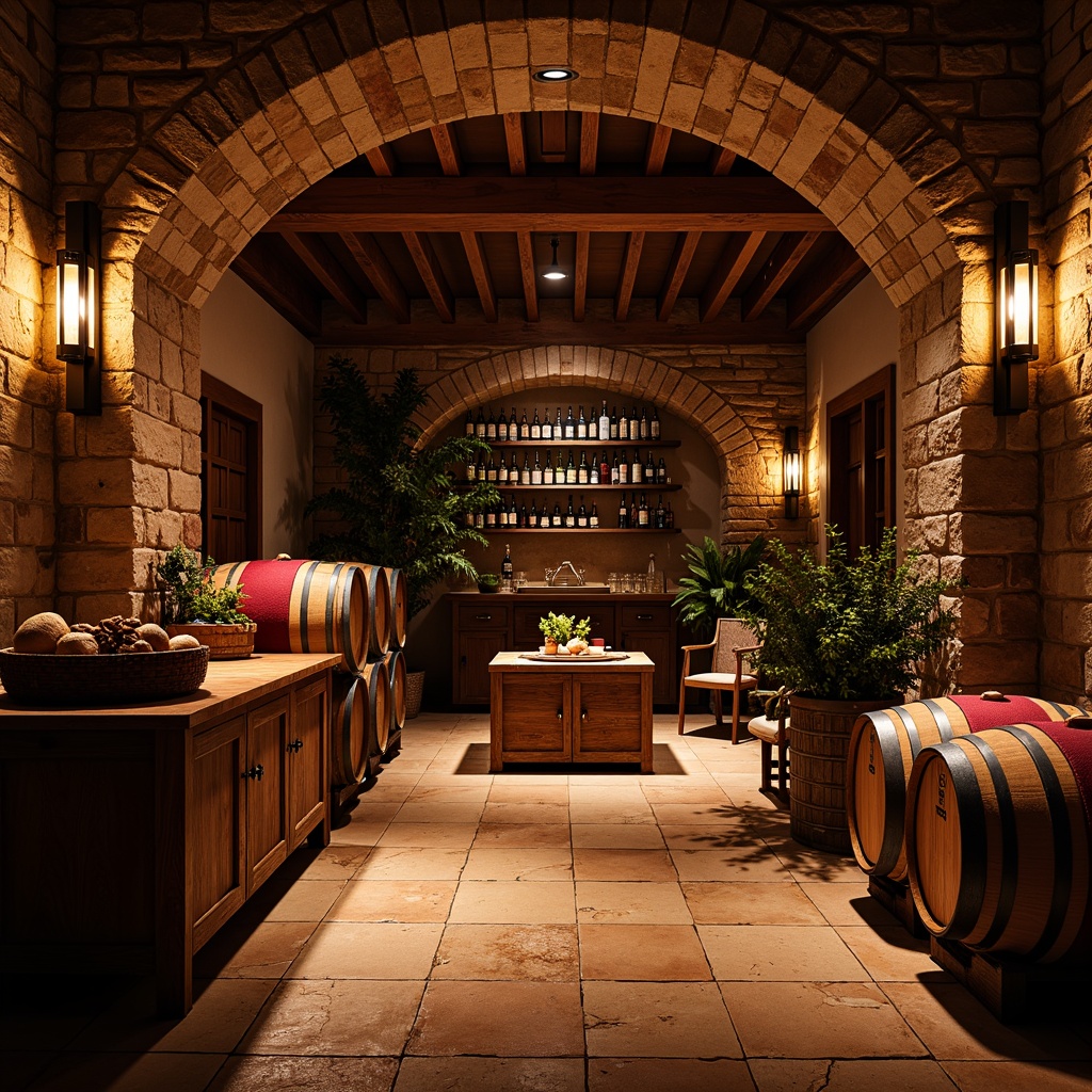 Prompt: Earthy wine cellar, rich wood tones, dark stone walls, dimmed warm lighting, luxurious velvet fabrics, ornate metal accents, vintage wine barrels, rustic wooden crates, old-world charm, earthy terracotta floors, weathered brick archways, intimate cozy atmosphere, soft golden hues, muted burgundy shades, deep crimson accents, warm beige tones, subtle bronze undertones, dramatic shadowing, low-key lighting, 2/3 composition, realistic textures.