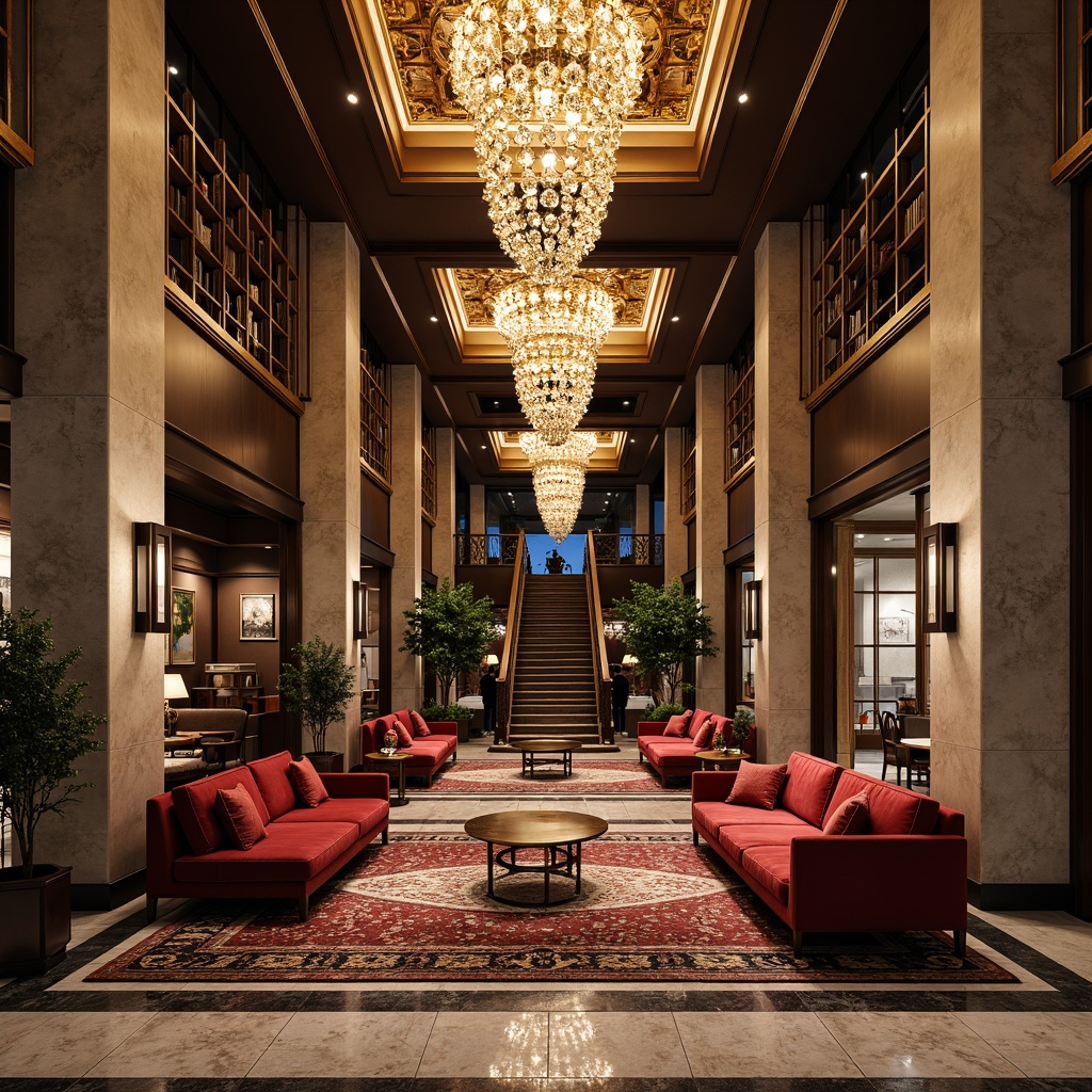 Prompt: Richly ornamented lobby, lavish chandeliers, polished marble floors, velvet sofas, intricately patterned rugs, textured stone walls, metallic accents, warm ambient lighting, cozy reading nooks, plush upholstery, natural wood panels, sophisticated color palette, high-contrast visual hierarchy, dramatic ceiling heights, grand staircase, luxurious atmosphere, 1/2 composition, soft focus, realistic reflections.