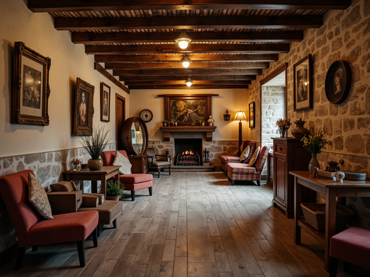 Prompt: Rustic hall, wooden flooring, distressed planks, vintage aesthetic, earthy tones, natural materials, stone walls, exposed beams, traditional architecture, cozy atmosphere, soft warm lighting, shallow depth of field, 3/4 composition, realistic textures, ambient occlusion, ornate furnishings, rich textiles, classic patterns, subtle color palette.