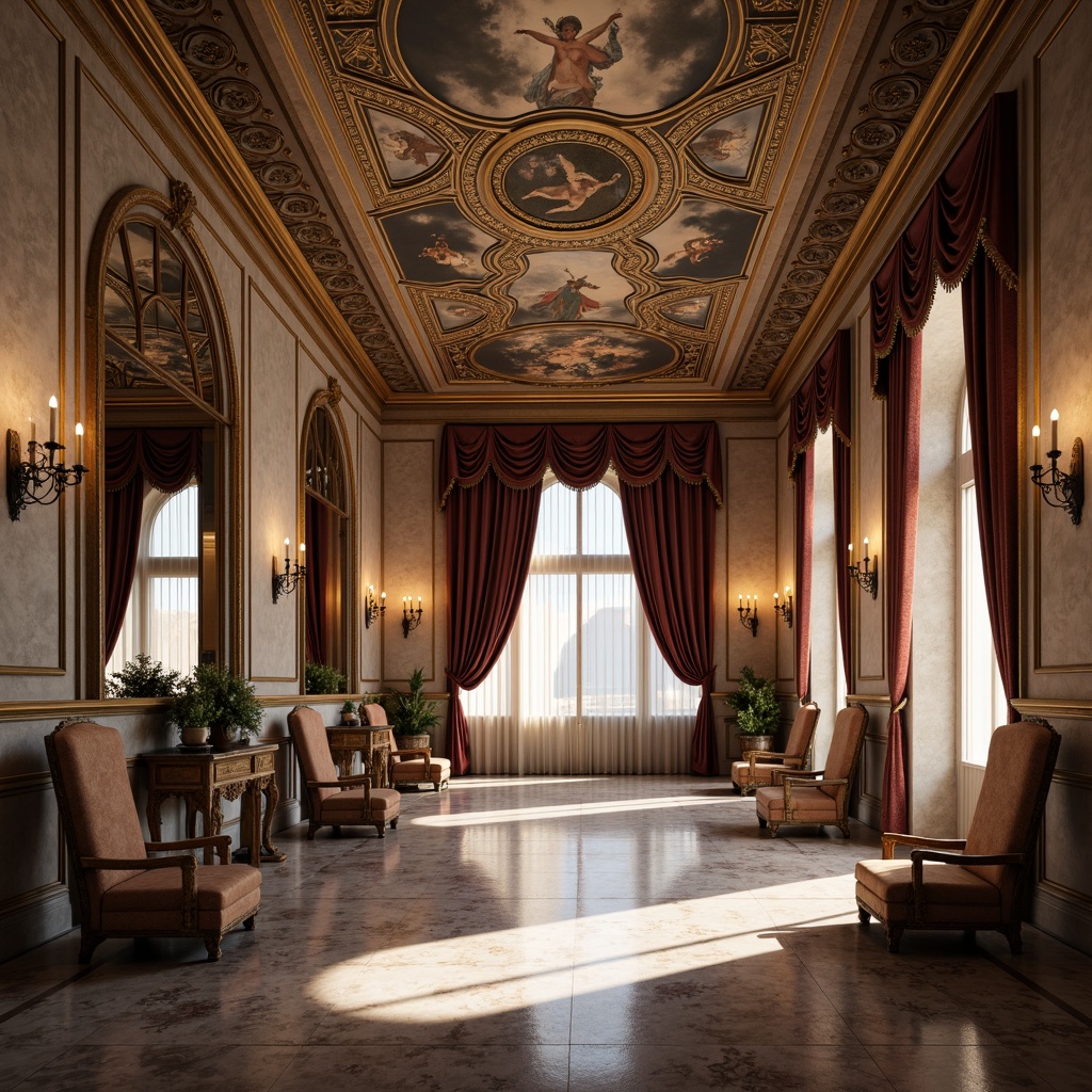 Prompt: Elegant Renaissance-style interior, grand archways, ornate columns, refined stucco walls, polished marble floors, intricate fresco ceilings, lavish chandeliers, ornamental mirrors, luxurious velvet drapes, majestic throne-like chairs, subtle warm lighting, soft focus, shallow depth of field, 2/3 composition, symmetrical framing, realistic textures, ambient occlusion.