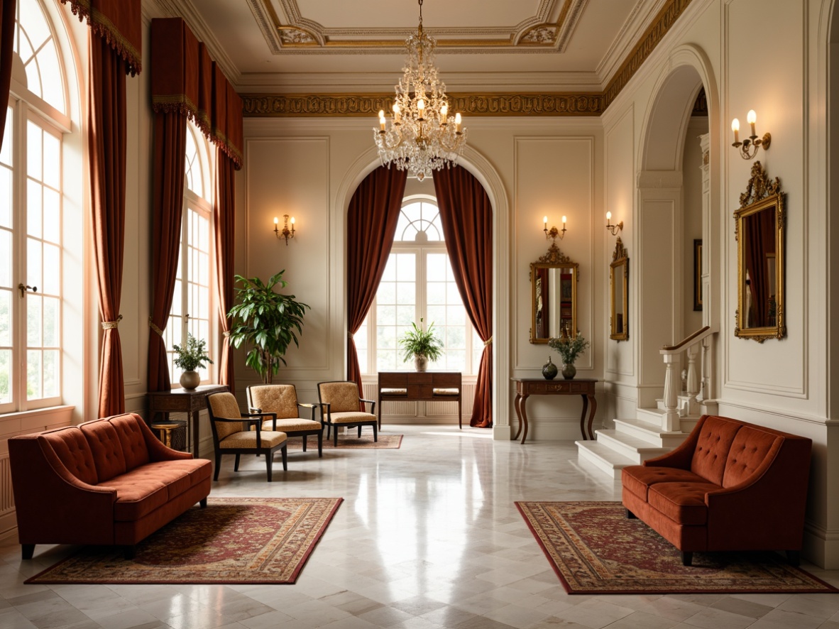 Prompt: Elegant hall interior, luxurious velvet sofas, rich wood accents, ornate mirrors, crystal chandeliers, marble flooring, soft cream-colored walls, refined crown molding, decorative archways, lavish drapery, opulent area rugs, sophisticated console tables, stylish accent chairs, warm golden lighting, shallow depth of field, 1/1 composition, realistic textures, ambient occlusion.