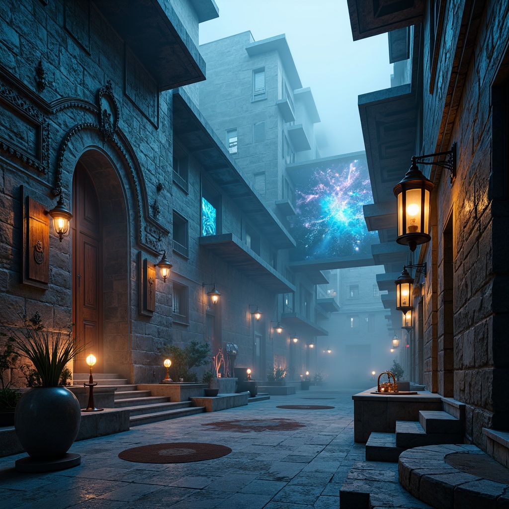 Prompt: Ancient stone walls, worn wooden doors, mystical lanterns, ornate carvings, intricate mosaics, futuristic neon lights, cyberpunk accents, holographic projections, sacred relics, eerie fog, misty atmosphere, soft blue glow, ambient hum, 3D-printed architecture, curved lines, metallic surfaces, levitating platforms, gravity-defying structures, ethereal ambiance, mystical energy fields, ancient wisdom, advanced technology integration.