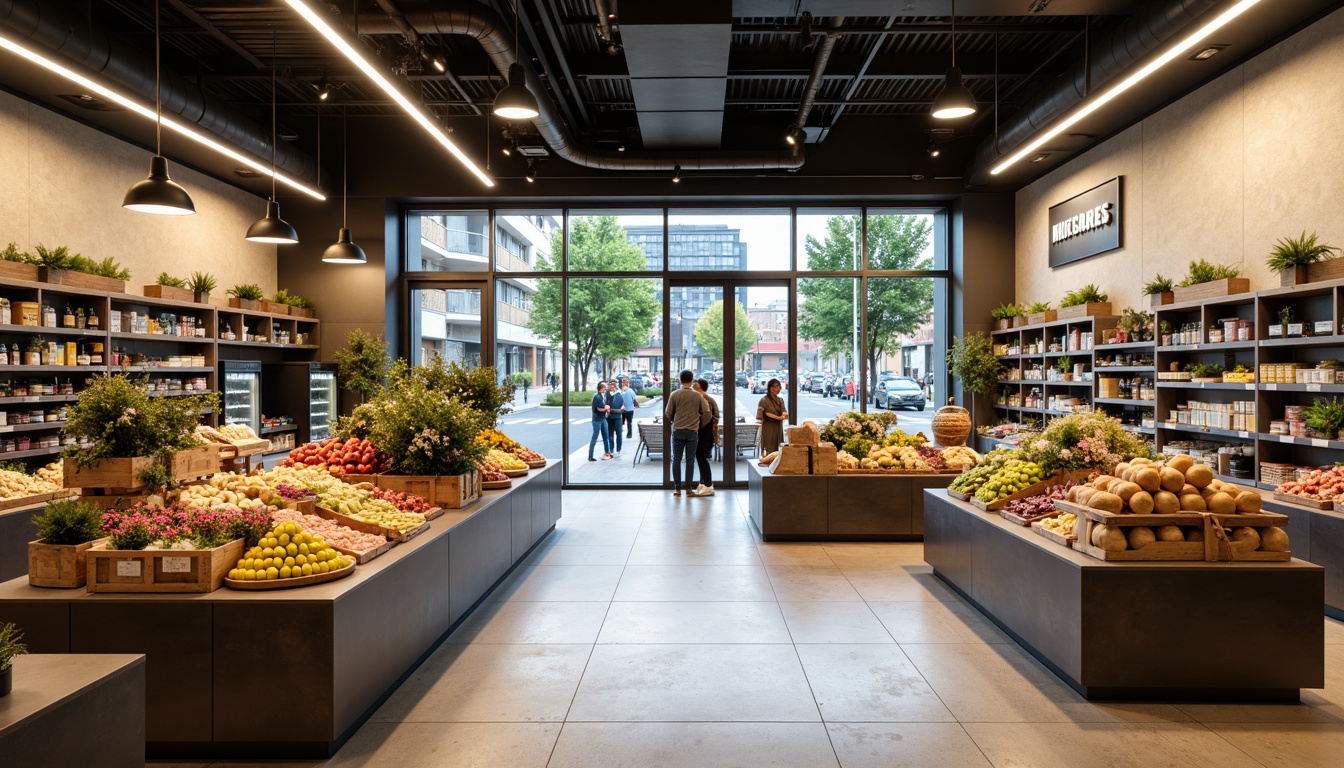 Prompt: Modern grocery store interior, sleek minimalistic design, polished concrete floors, matte metal shelves, warm neutral color palette, LED strip lighting, recessed ceiling lights, pendant lamps, subtle ambient glow, natural daylight, large storefront windows, urban cityscape views, bustling street activity, vibrant produce displays, fresh flower arrangements, wooden crate textures, industrial-chic decorative accents, modern signage systems, digital price tags, clean lines, minimal ornamentation, Scandinavian-inspired aesthetic, soft warm lighting, 1/2 composition, realistic reflections.