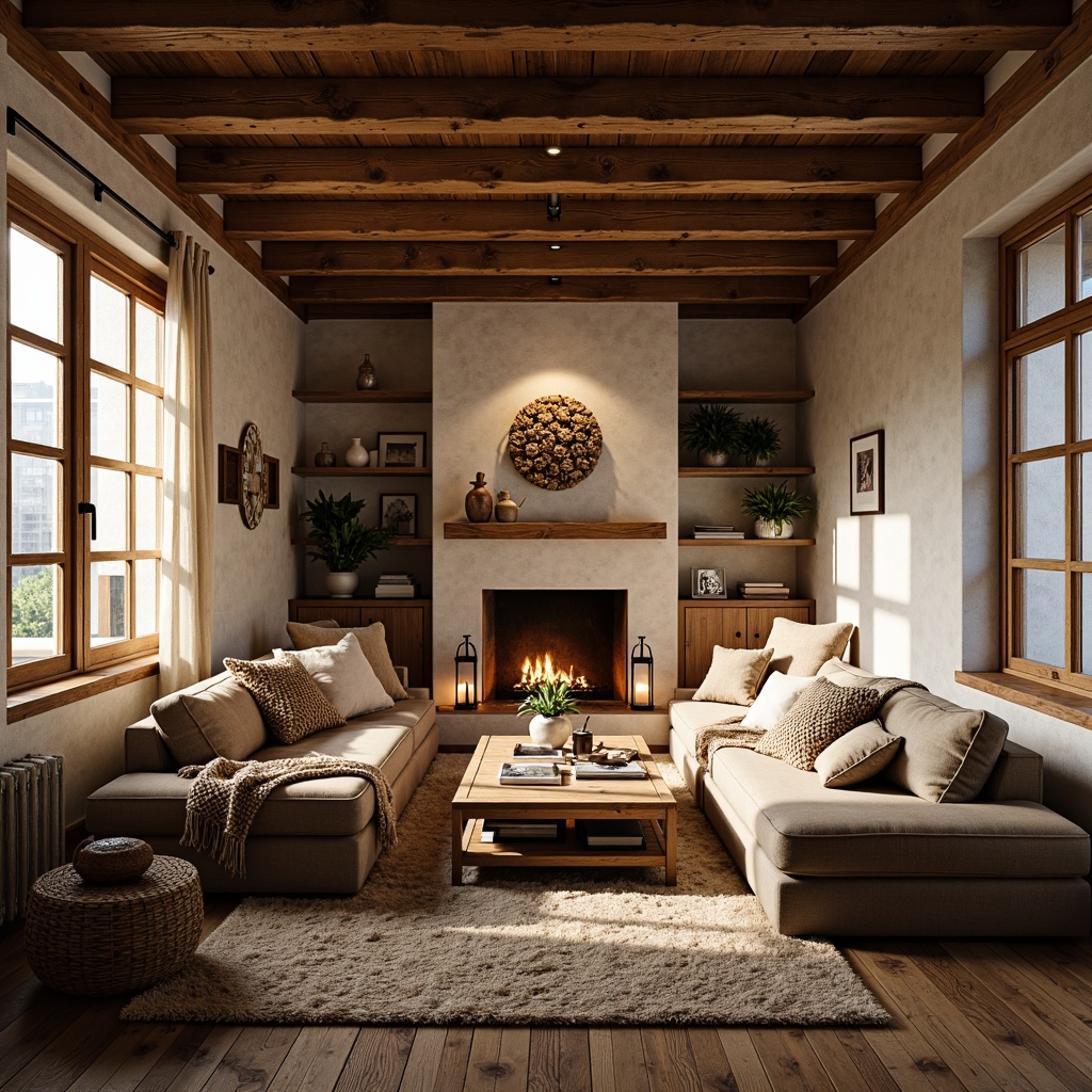 Prompt: Cozy loft interior, rustic wooden beams, plush area rugs, warm neutral tones, soft velvety sofas, chunky knit blankets, woven baskets, natural fiber textiles, earthy color palette, industrial chic decor, reclaimed wood accents, metal lanterns, dimmable lighting, comfortable reading nooks, intimate atmosphere, relaxing ambiance, warm golden lighting, 1/2 composition, shallow depth of field, realistic fabric textures.