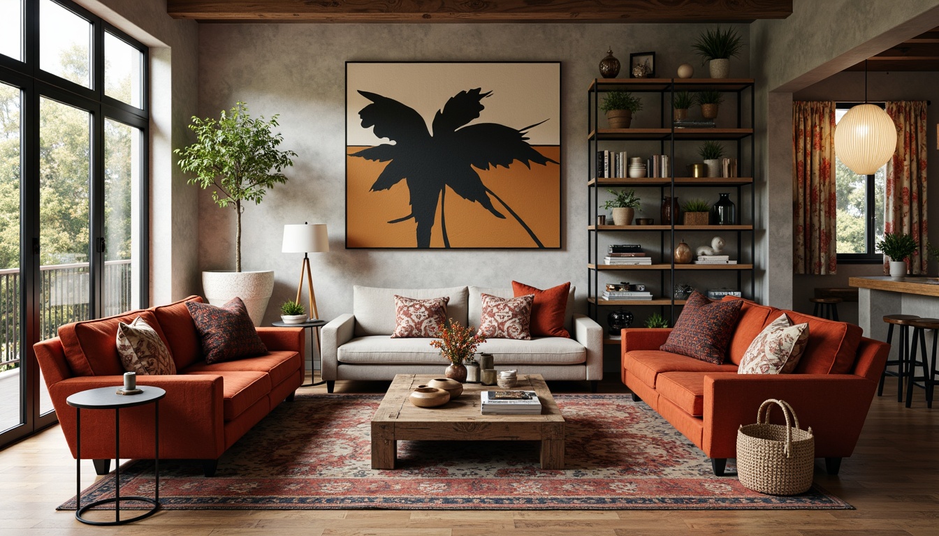 Prompt: Eclectic living room, vintage armchairs, velvet sofas, reclaimed wood coffee tables, industrial metal lamps, minimalist shelves, abstract artwork, colorful rugs, bold patterned throw pillows, natural stone walls, large windows, soft warm lighting, 3/4 composition, realistic textures, ambient occlusion.