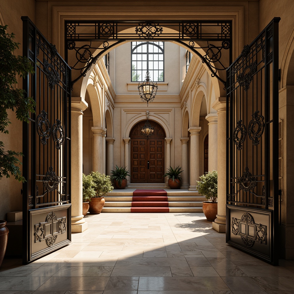 Prompt: Grandiose entrance gates, ornate metalwork, luxurious marble floors, intricately carved wooden doors, imposing stone columns, sweeping staircases, lavish chandeliers, opulent furnishings, regal color schemes, dramatic lighting effects, cinematic depth of field, 1/1 composition, symmetrical framing, realistic textures, ambient occlusion.