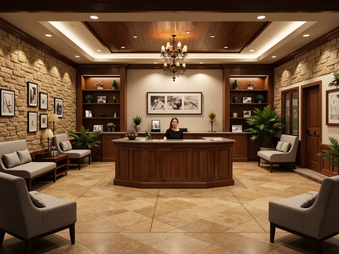 Prompt: Traditional healthcare center, wooden reception desk, comfortable waiting area chairs, warm beige flooring, natural stone walls, earthy color scheme, plush couches, antique medical equipment displays, rich wood accents, ornate chandeliers, soft warm lighting, calming atmosphere, serene background music, 1/1 composition, shallow depth of field, realistic textures, ambient occlusion.