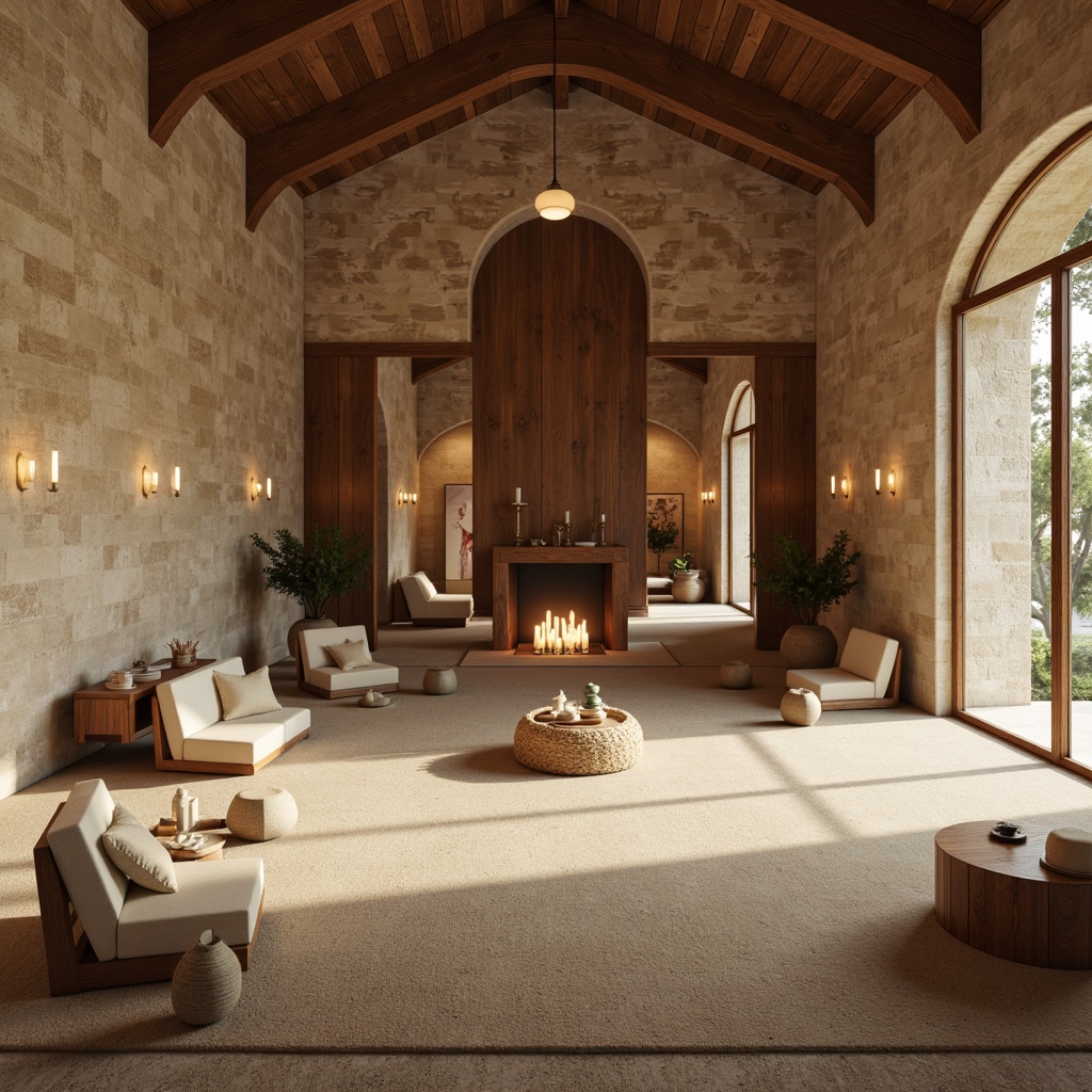 Prompt: Serenity-filled monastery interior, natural stone walls, wooden accents, minimalist decor, candles, meditation areas, calm atmosphere, vaulted ceilings, large windows, soft warm lighting, gentle shadows, 3/4 composition, symmetrical balance, harmonious proportions, earthy tones, beige furniture, cream-colored fabrics, subtle textures, ambient occlusion.