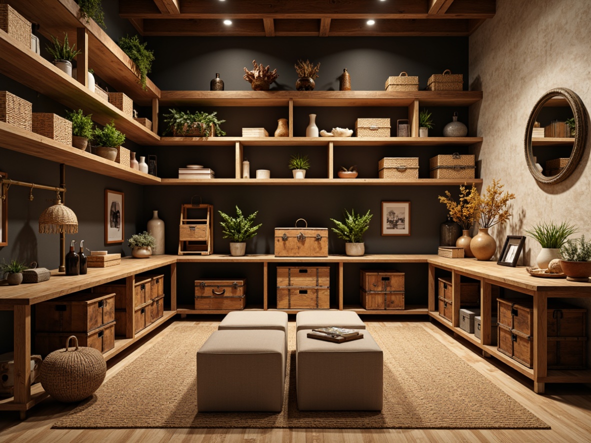 Prompt: Cozy storage room, warm wooden shelves, rustic metal racks, vintage decorative trunks, soft cushioned ottomans, woven wicker baskets, earthy tone walls, recessed lighting, natural fiber rugs, organized shelving systems, sturdy wooden crates, hidden compartments, distressed finishes, industrial-chic decor, functional workbenches, adjustable track lighting, minimalist color palette.