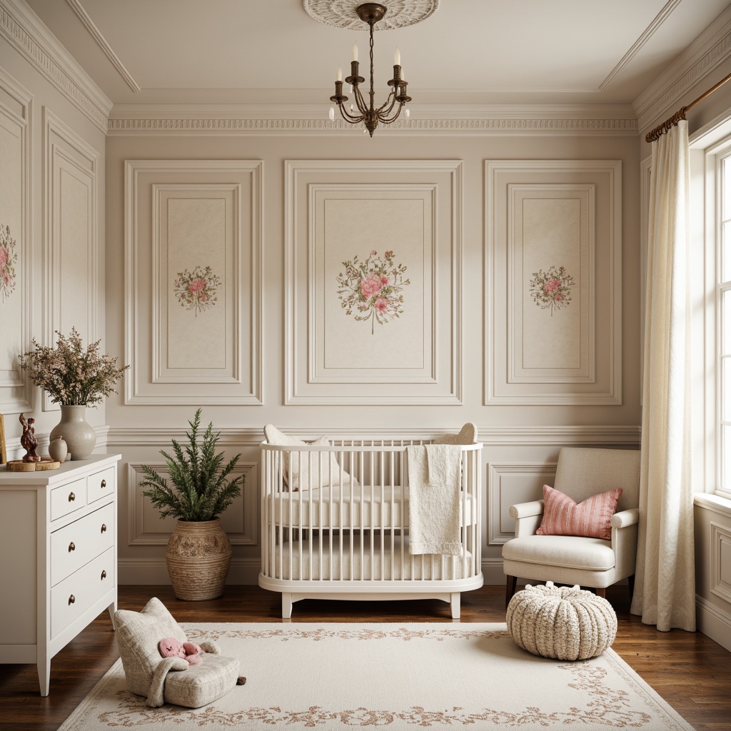 Prompt: Whimsical nursery, soft pastel colors, ornate wall moldings, floral patterns, curved lines, organic shapes, delicate stencils, vintage-inspired wallpaper, textured fabrics, lace trimmings, antique furniture pieces, distressed finishes, warm beige tones, creamy whites, gentle lighting, dreamy atmosphere, romantic accents, nature-inspired motifs, Art Nouveau typography, elegant accessories, luxurious materials, soft color palette, serene ambiance.