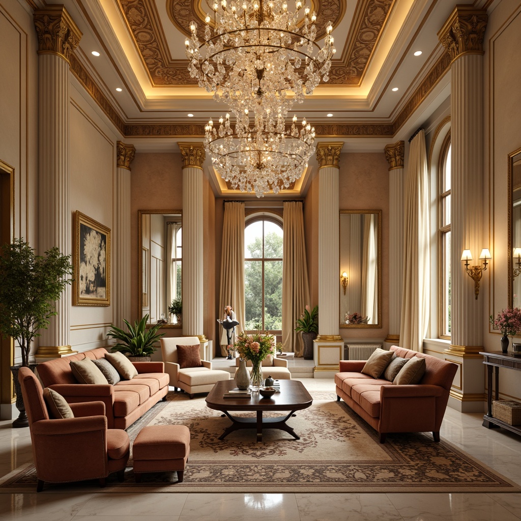 Prompt: Luxurious family room, neoclassical architecture, ornate moldings, crystal chandeliers, rich wood tones, velvet upholstered furniture, intricate patterns, warm beige walls, soft cream accents, majestic columns, subtle gold leafing, refined marble floors, elegant archways, dramatic ceiling heights, lavish drapery, warm golden lighting, shallow depth of field, 1/1 composition, realistic textures, ambient occlusion.